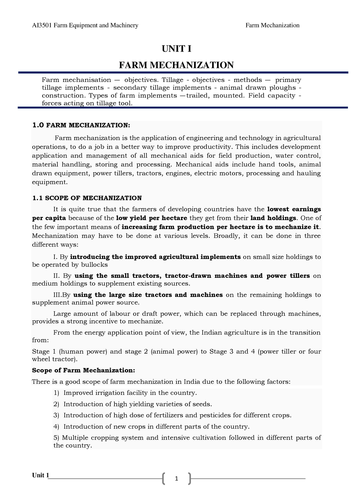 UNIT I - UNIT I FARM MECHANIZATION Farm Mechanisation – Objectives ...