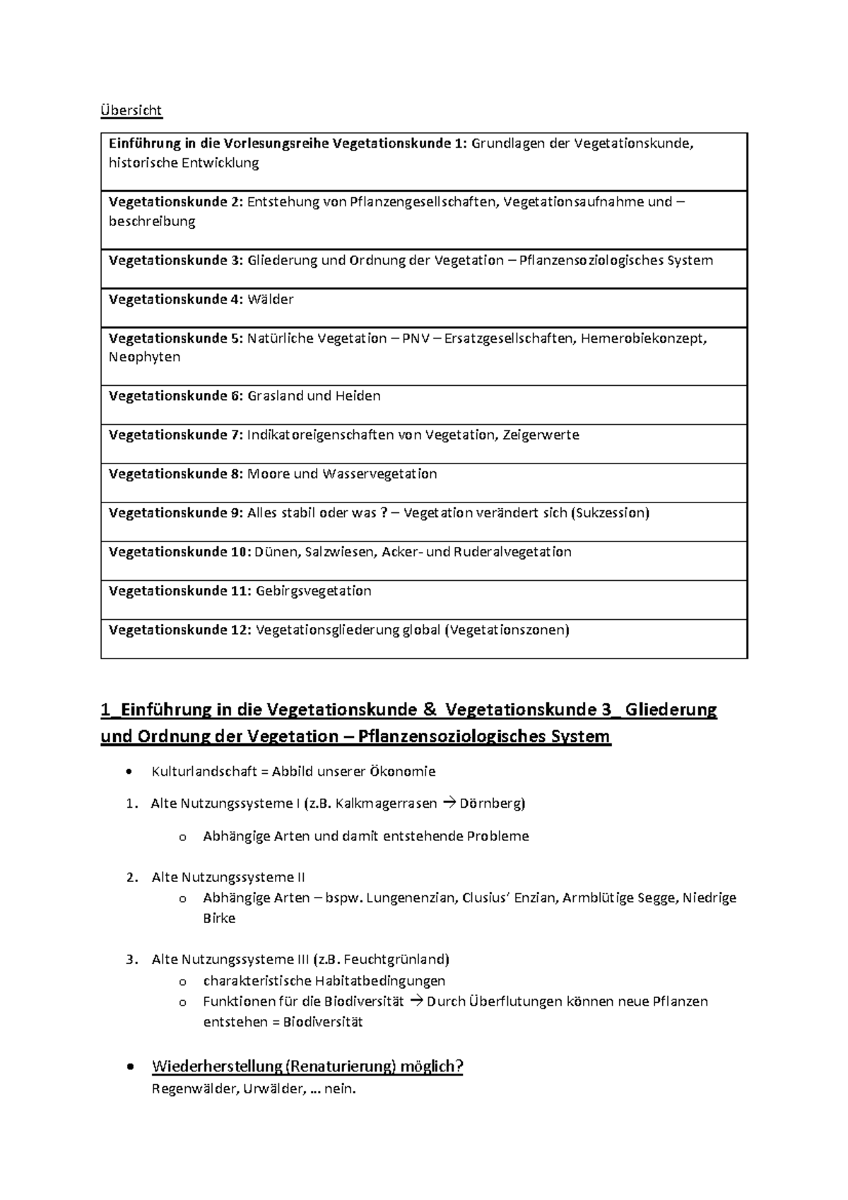 Der Vorleser 1 Teil Zusammenfassung Vegetationskunde Teil 1 VL 1-4 Zusammenfassung - Übersicht Einführung