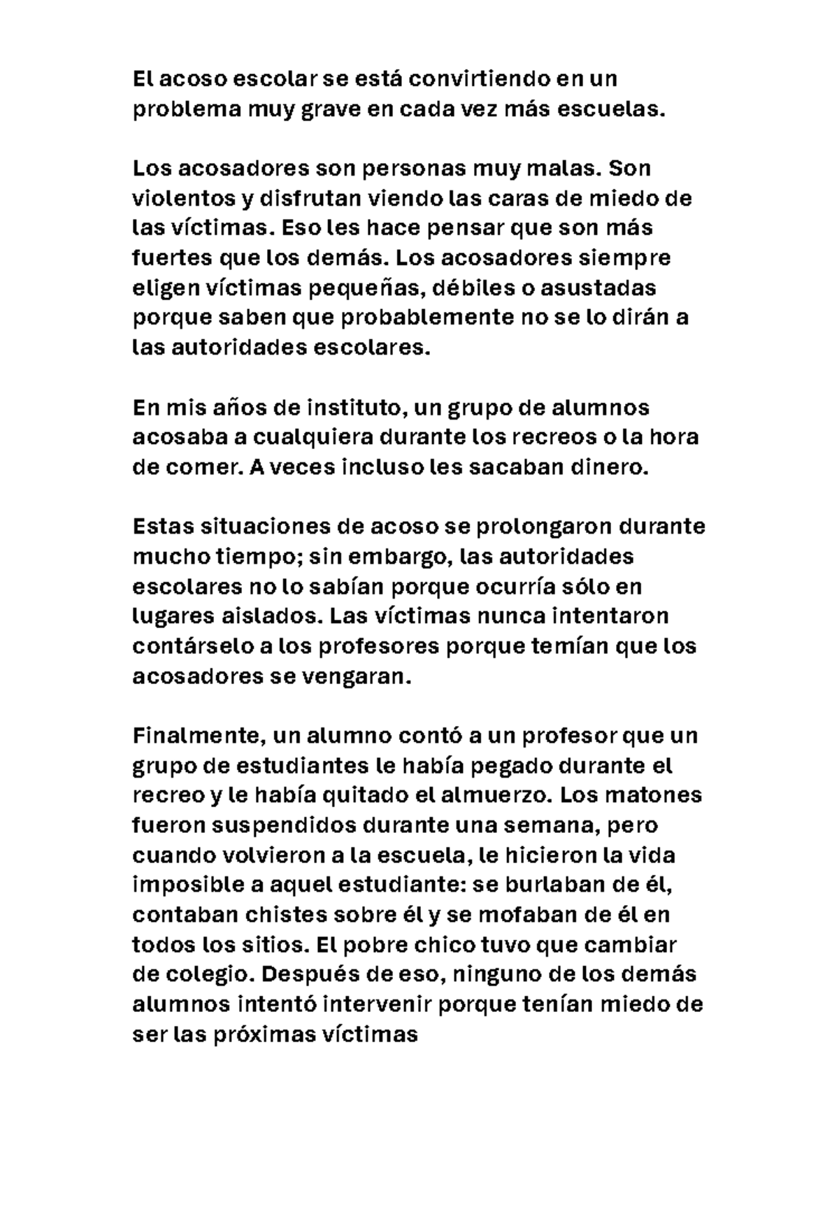 Ingles - El acoso escolar se está convirtiendo en un problema muy grave ...