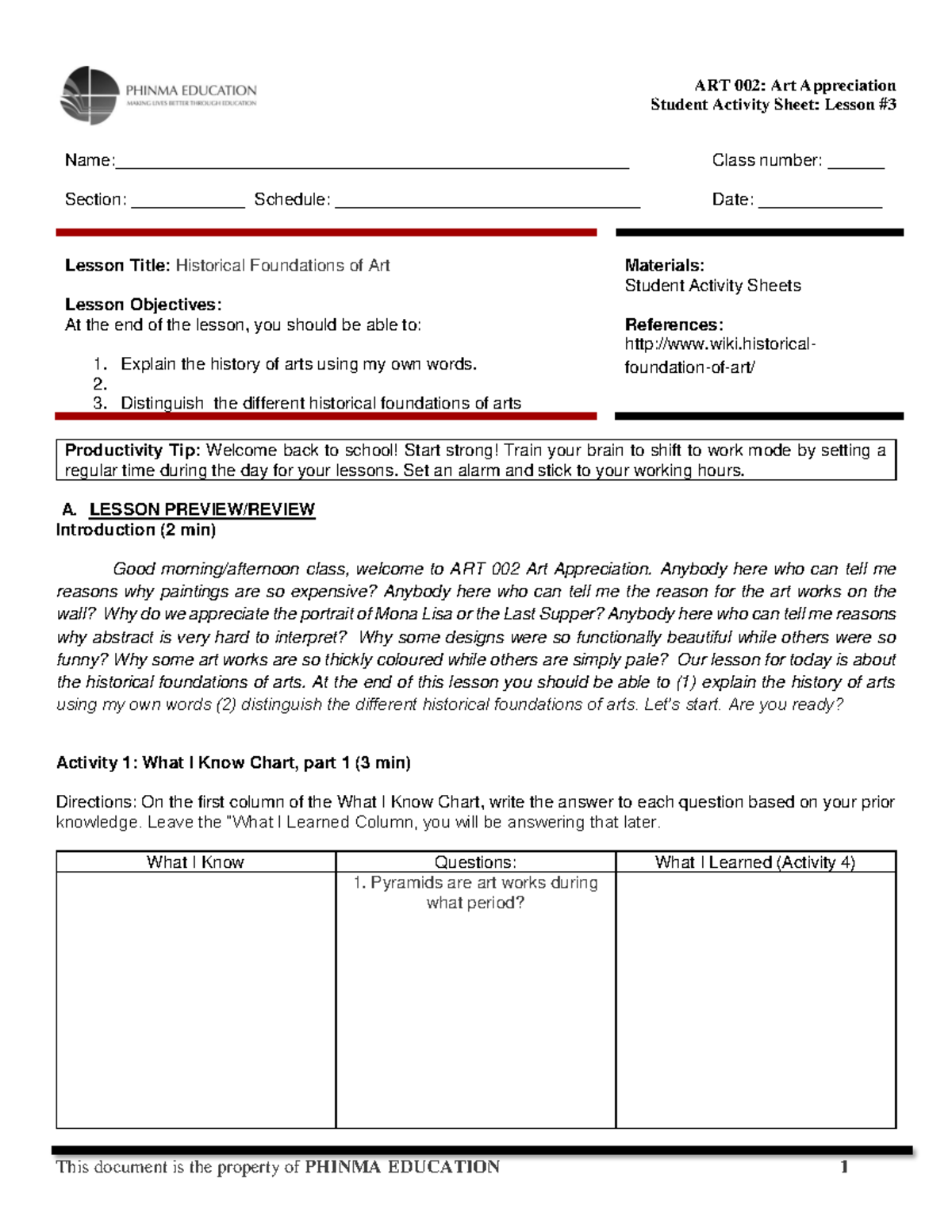 Copy of SAS# 3 - ART 002 - Lecture notes 1 - Student Activity Sheet ...