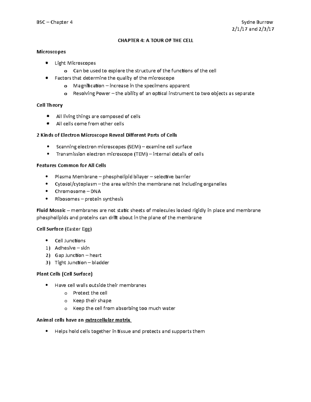 BSC - Chapter 4 - Tour Of The Cell - BSC – Chapter 4 Sydne Burrow 2/1 ...