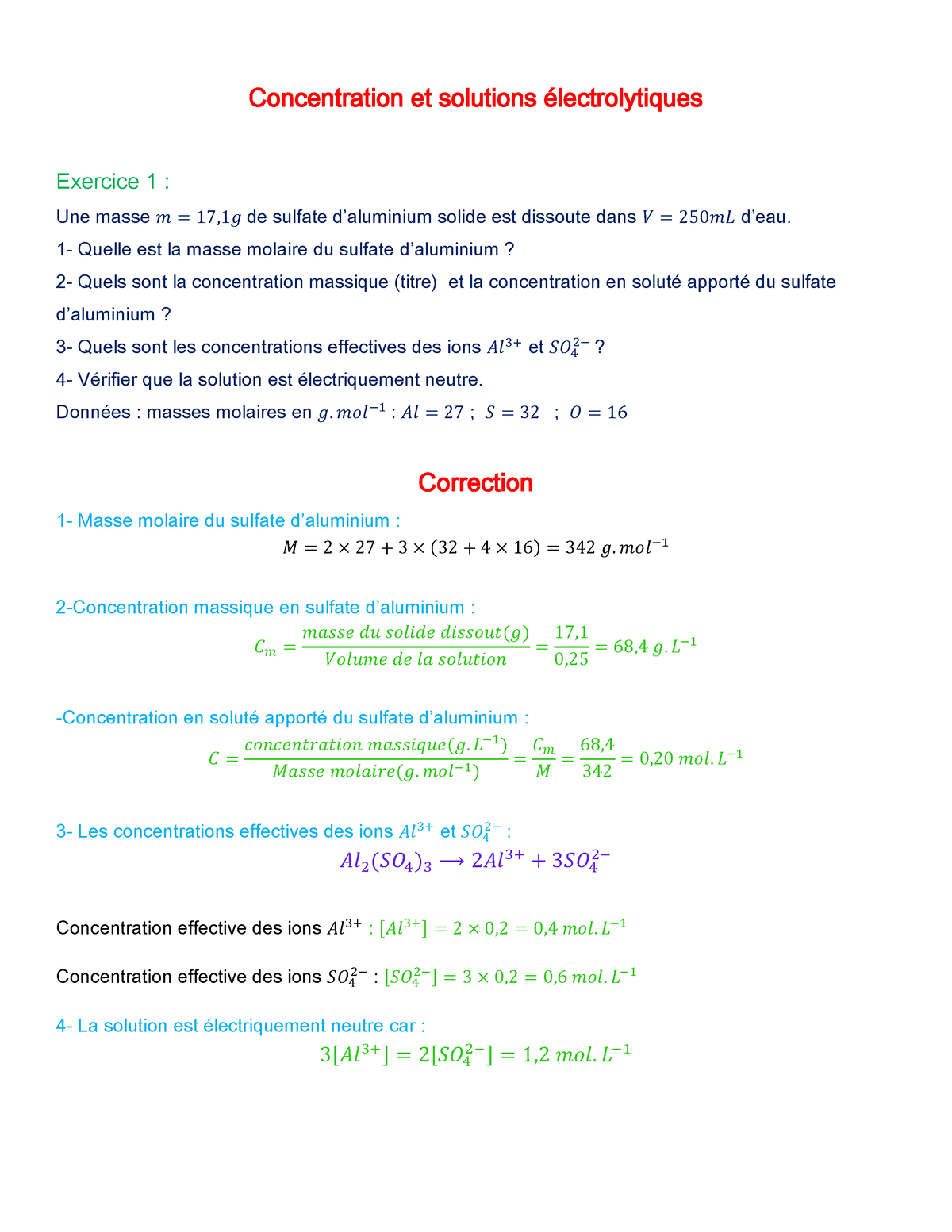 La Concentration Et Les Solutions Electrolytiques Exercices Corriges 1 ...