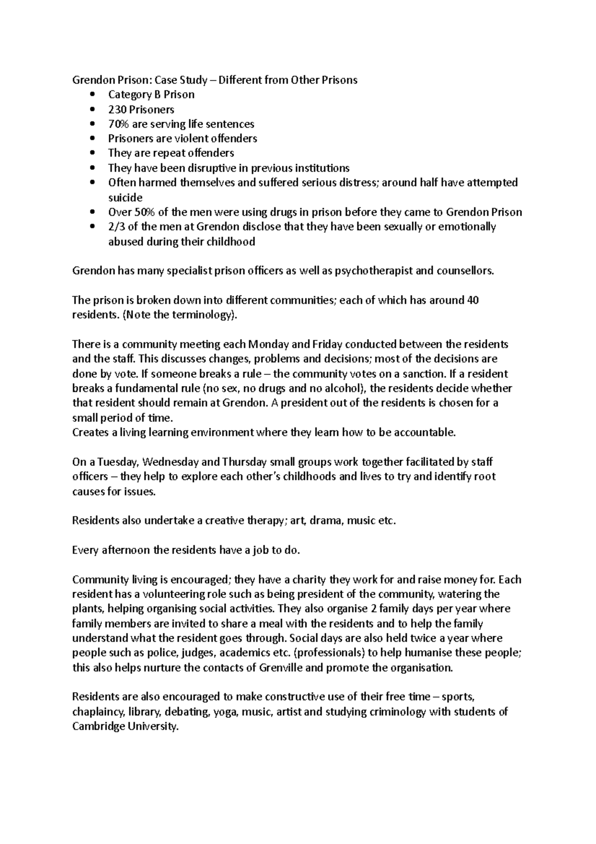 Week 9 - Notes made from the Lecture - Grendon Prison: Case Study ...