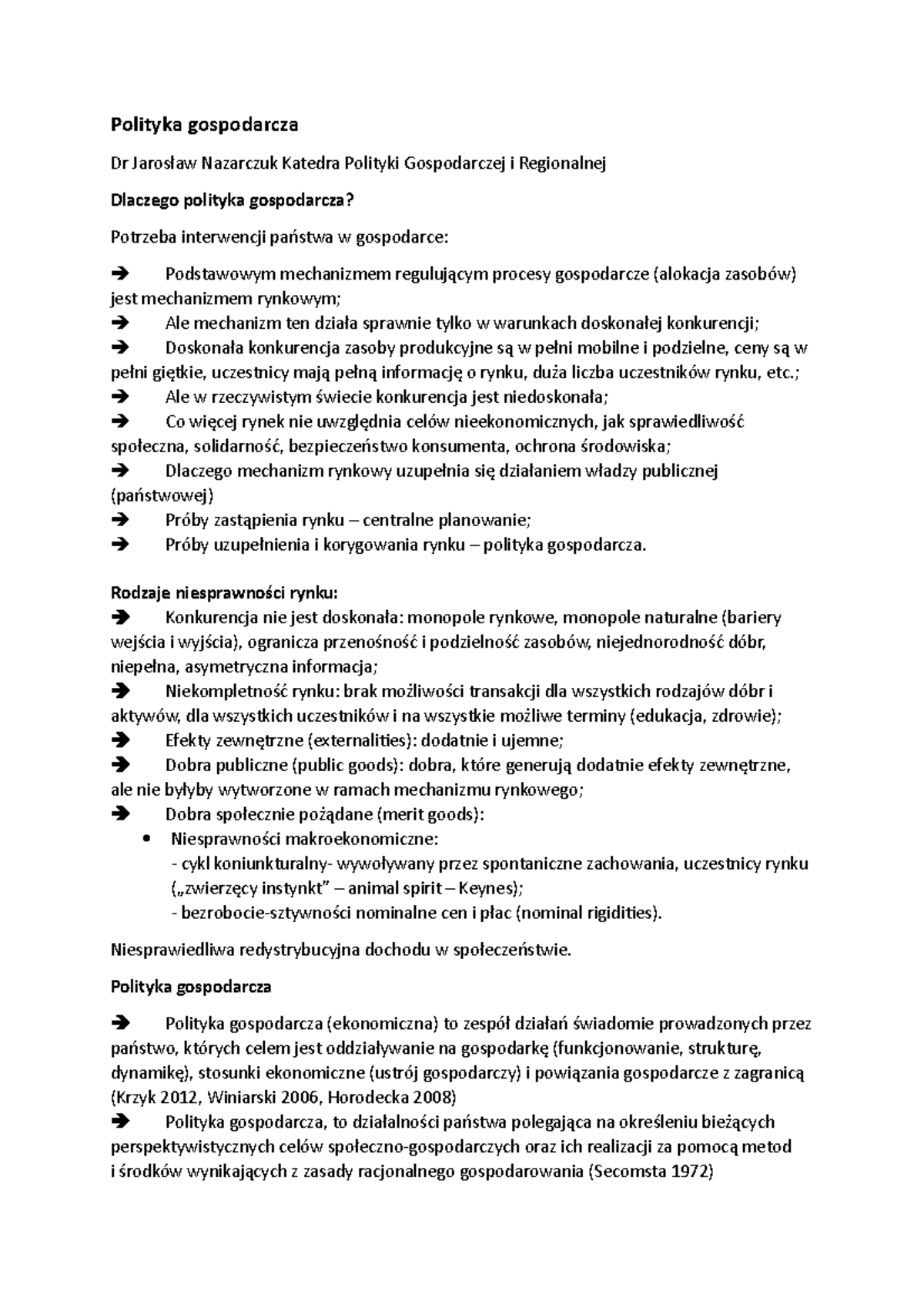 Polityka gospodarcza - wykłady - Polityka gospodarcza Dr Jarosław