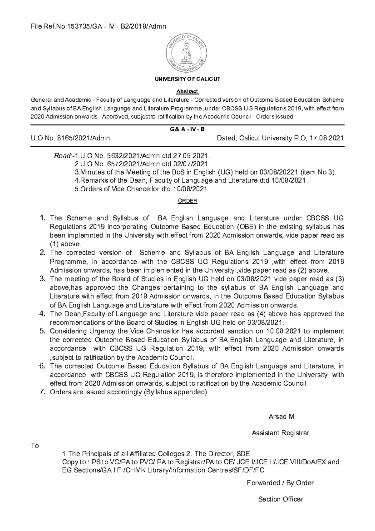 Rivised syllabus for BA English with U.O 24 U.O. 8165/2021/Admn Dated