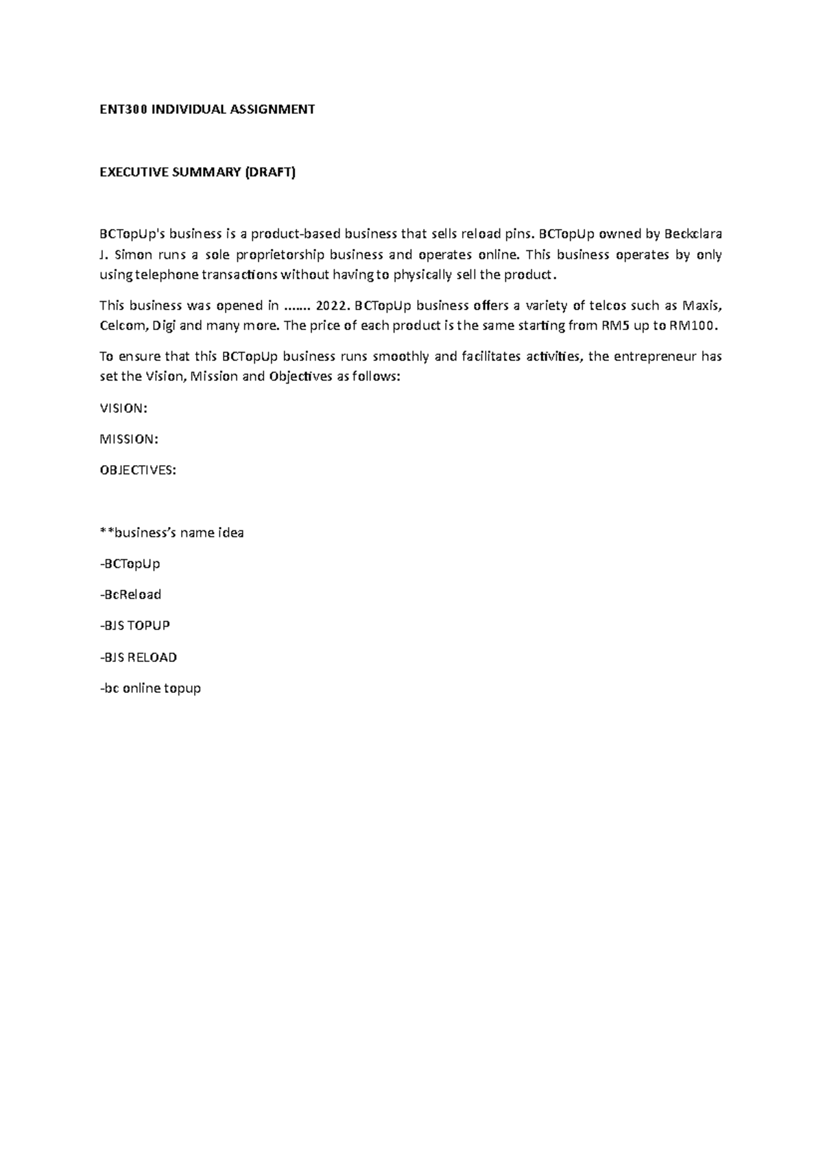 Executive summary ent300 - ENT300 INDIVIDUAL ASSIGNMENT EXECUTIVE ...
