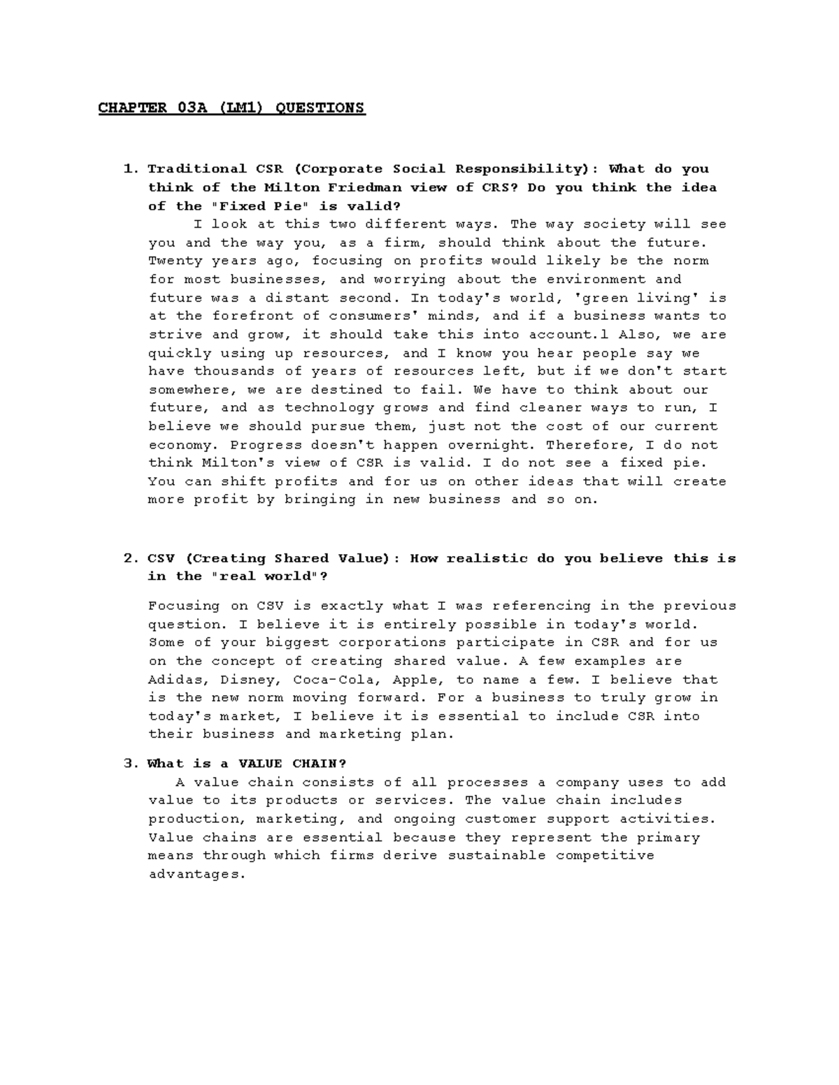 Ch 3A Questions - CHAPTER 03A (LM1) QUESTIONS 1. Traditional CSR ...