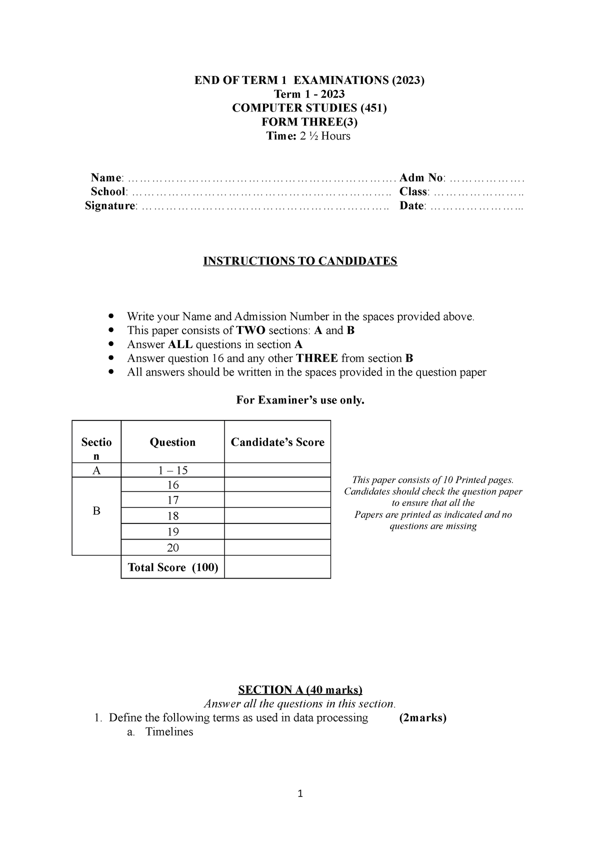 COMP QNS - (ms) marking schem and (qs) questions - END OF TERM 1 ...