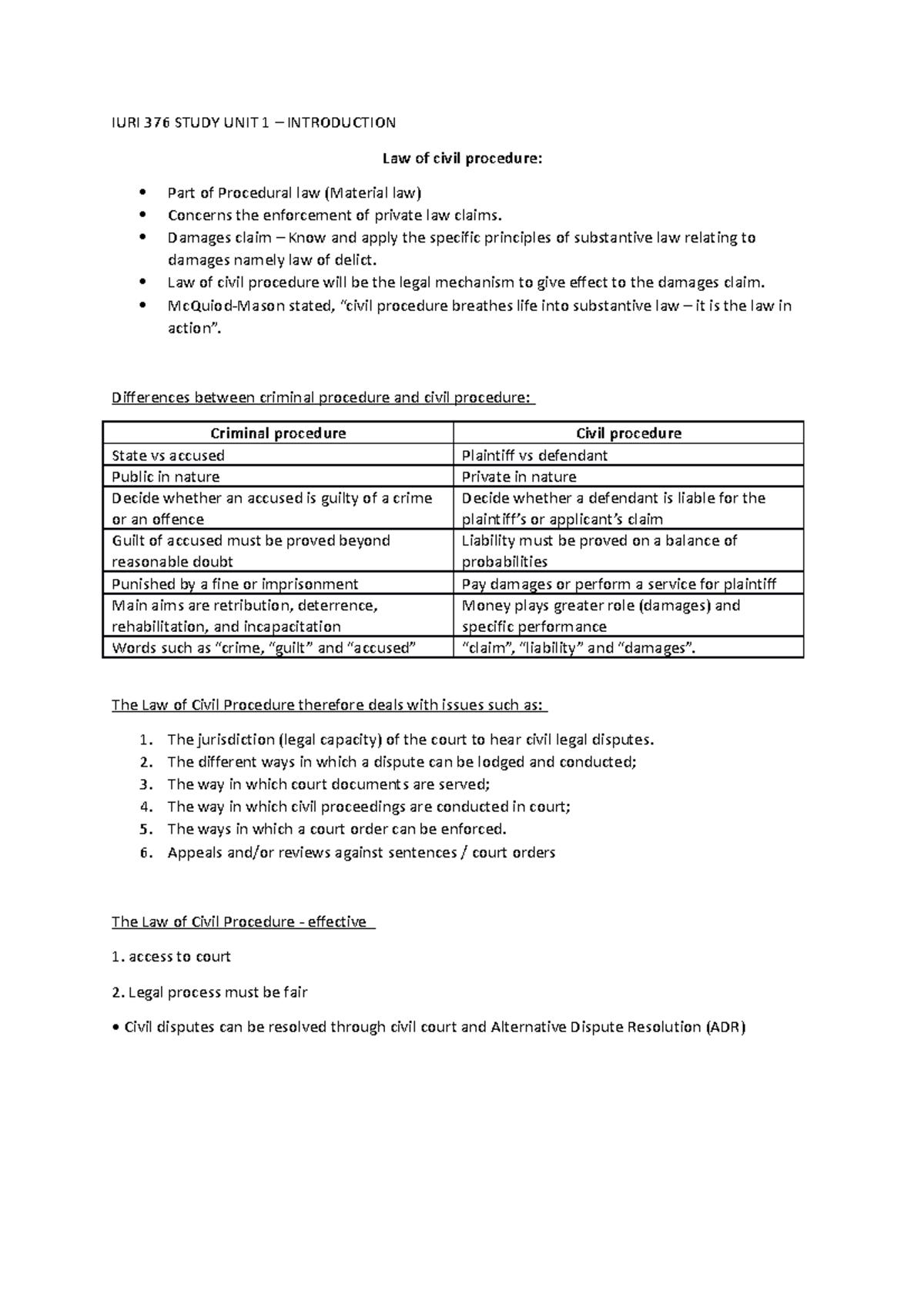 Study UNIT 1 - IURI 376 STUDY UNIT 1 – INTRODUCTION Law of civil ...