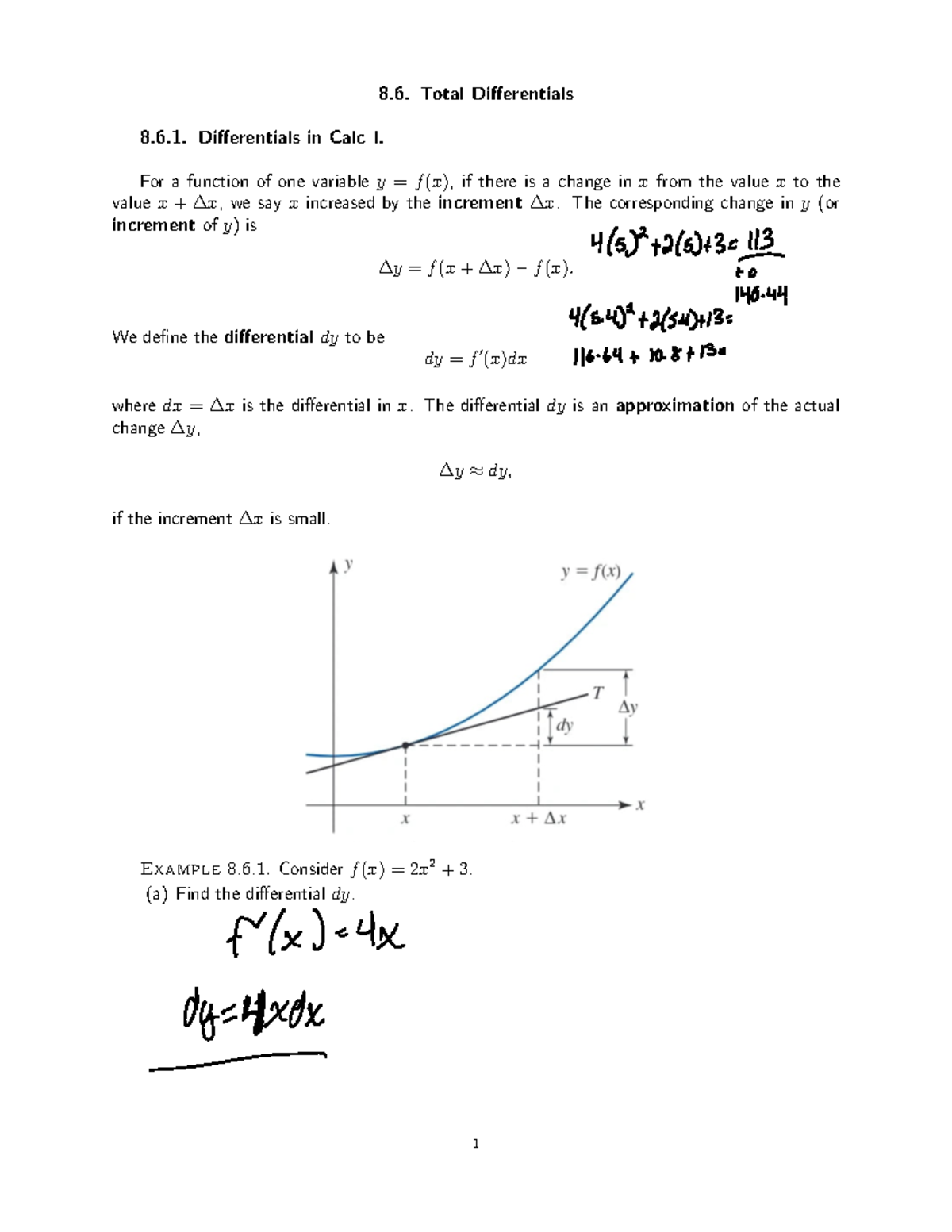 math 111 8.6 Notes Total Differentials 8.6. Differentials in Calc I