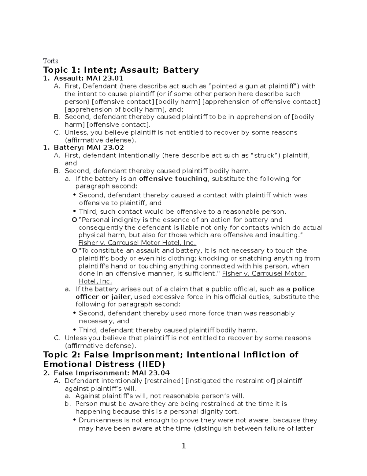 Torts Outline Lecture Notes 1 5 Torts Topic 1 Intent Assault Battery 1 Assault Mai 23 6142