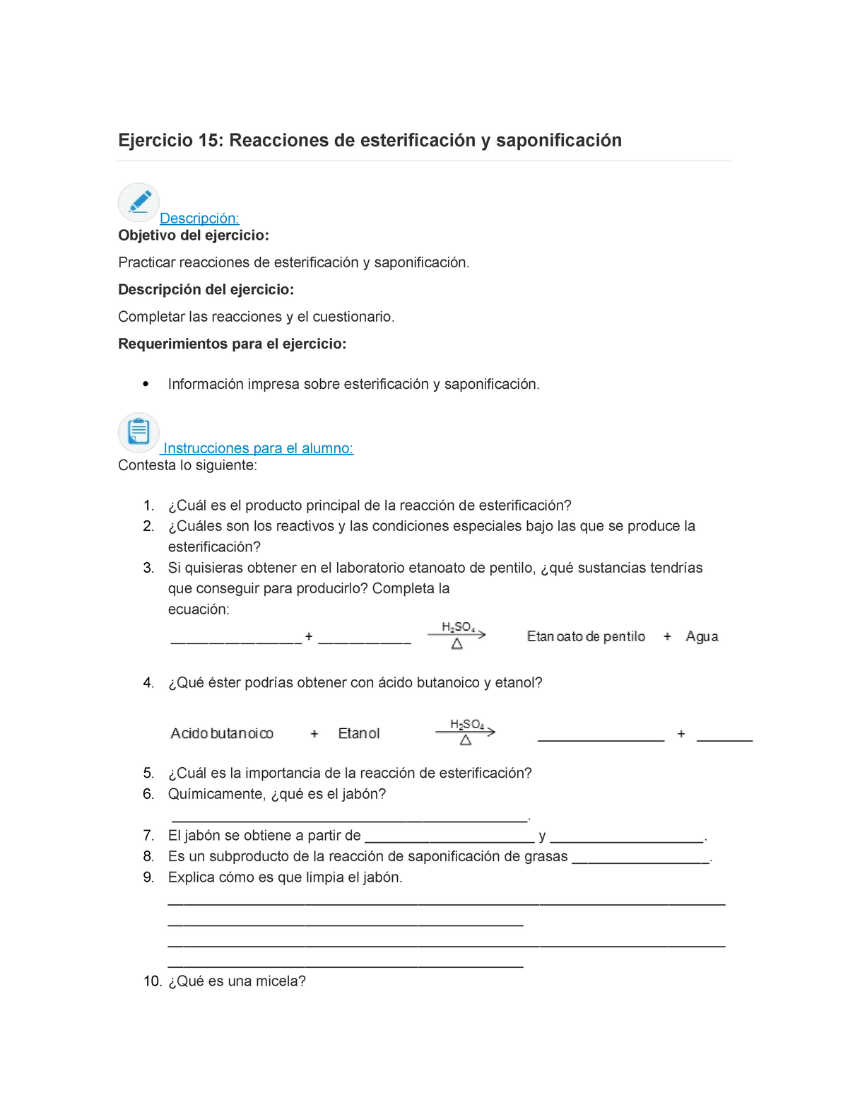 Ejerciiciosss15 Ejercicio 15 Reacciones De Esterificación Y Saponificación Descripción 1113