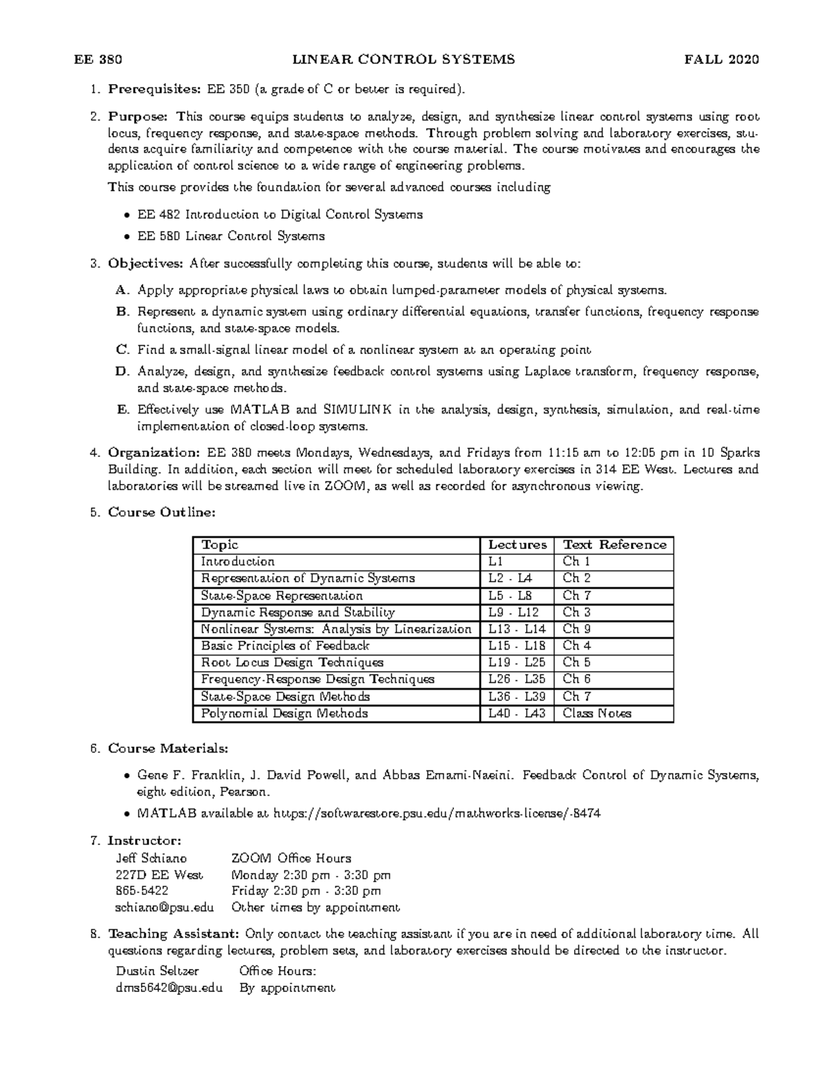 Ee380 Syllabus 202008 24 - EE 380 LINEAR CONTROL SYSTEMS FALL 2020 1:EE ...