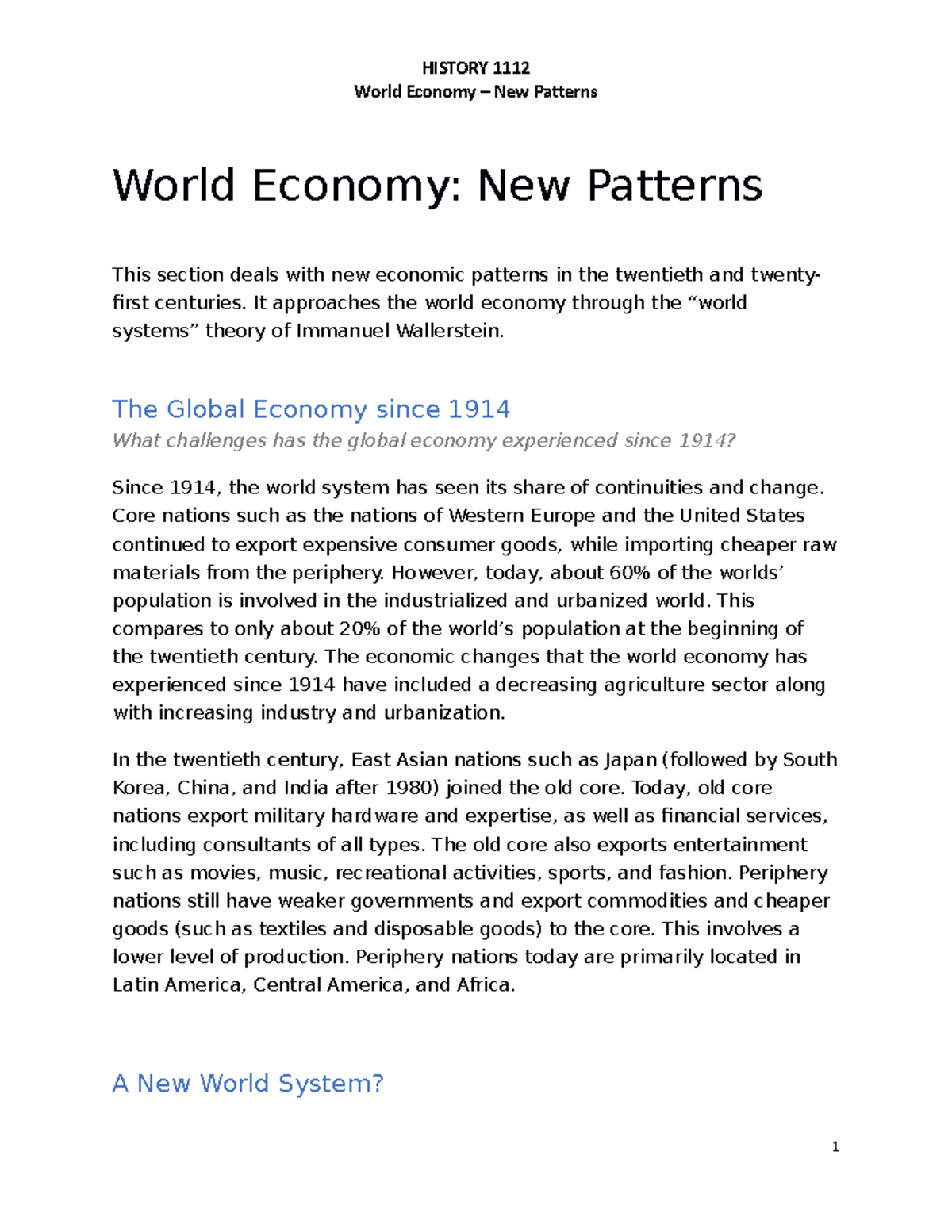 HIST 1112 - World Economy - New Patterns - World Economy – New Patterns ...