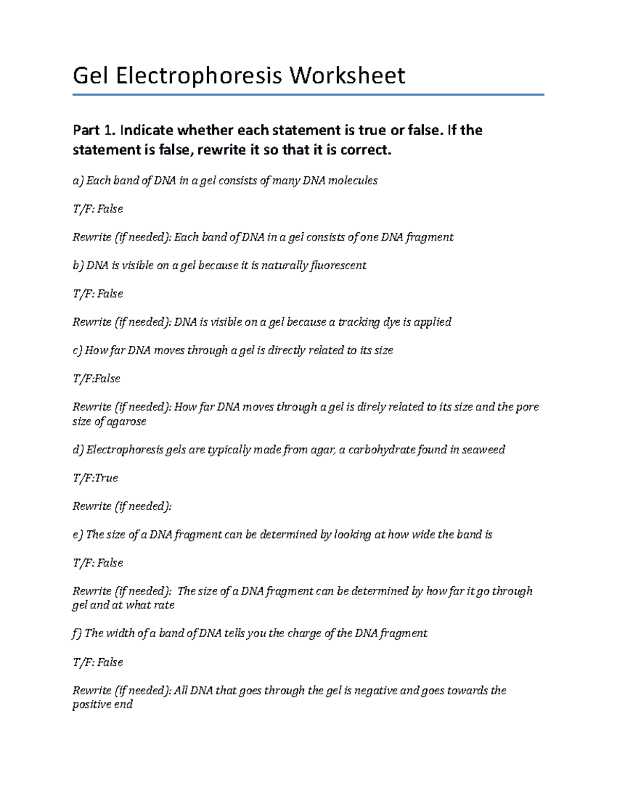 Gel Electrophoresis Worksheet Indicate Whether Each Statement Is True