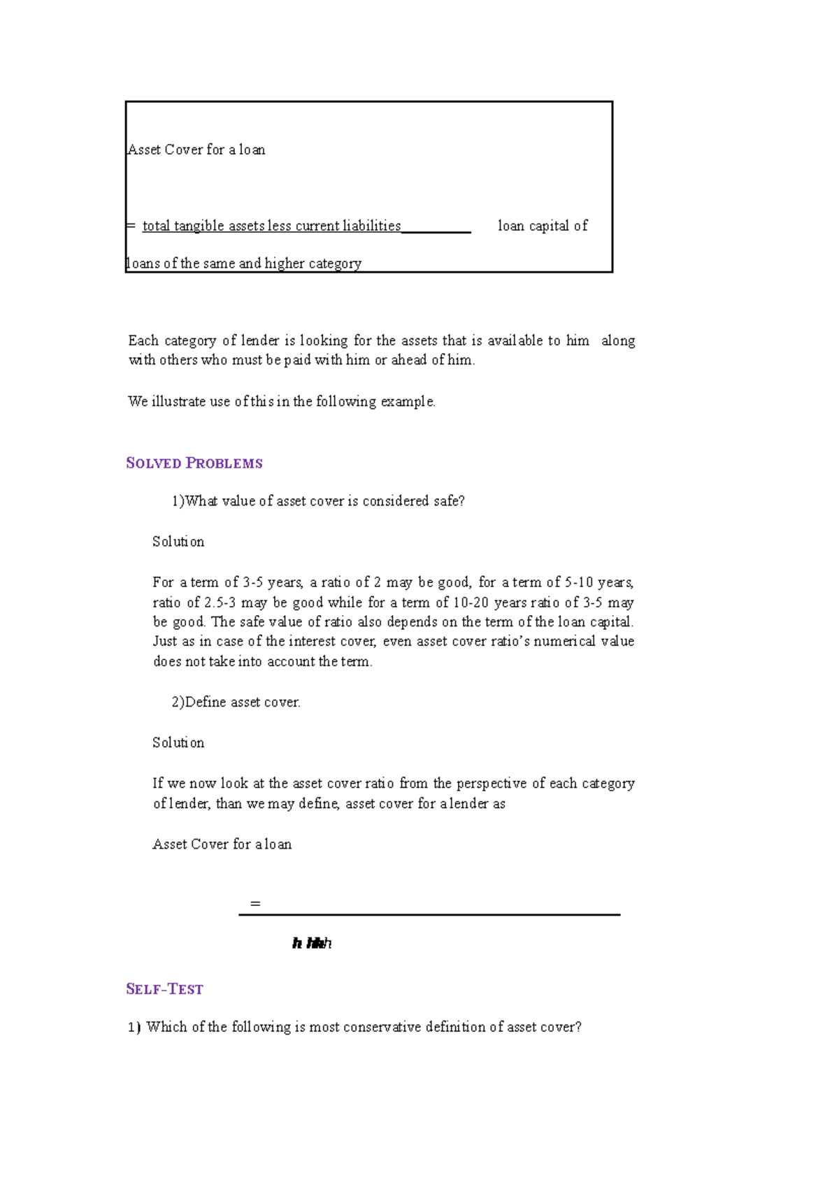 12 - notes - Asset Cover for a loan = total tangible assets less ...