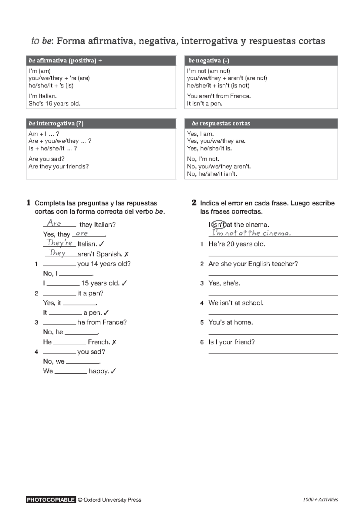TO BE to be tobe - PHOTOCOPIABLE © Oxford University Press 1000 ...