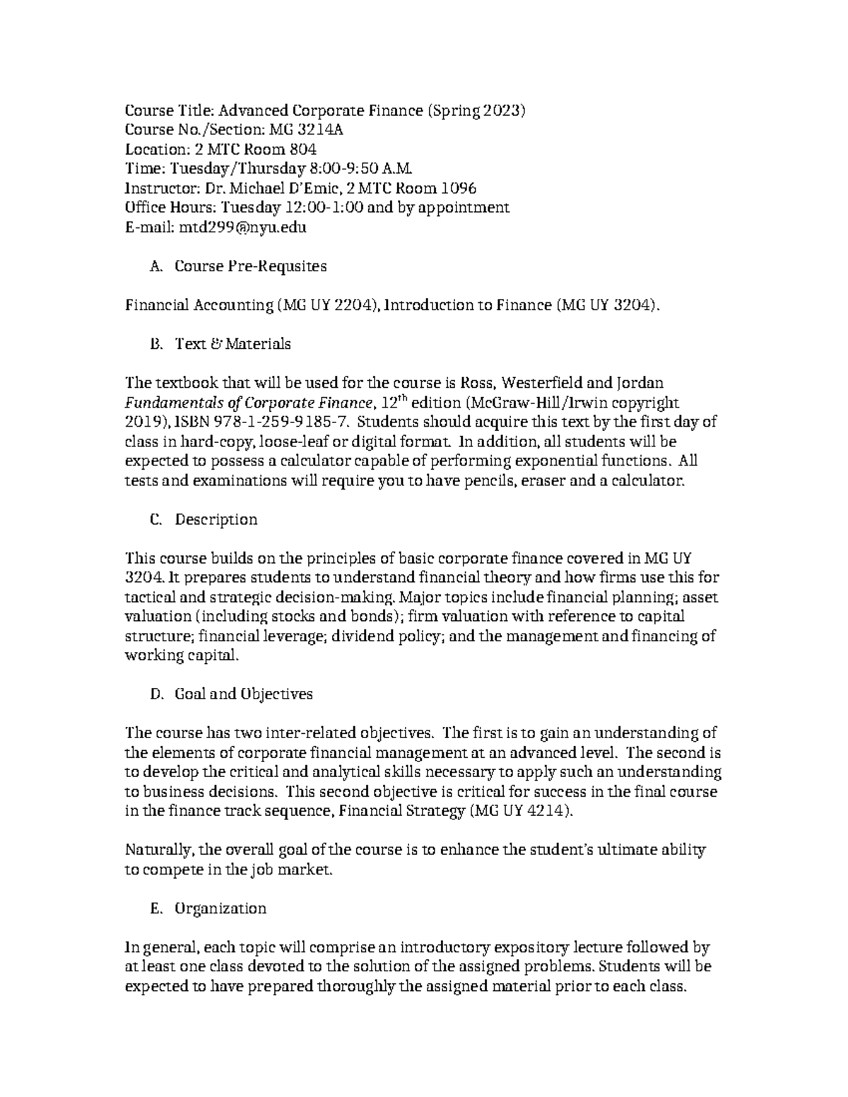 Syllabus Advanced Corporate Finance Spring 20231 (15) - Course Title ...