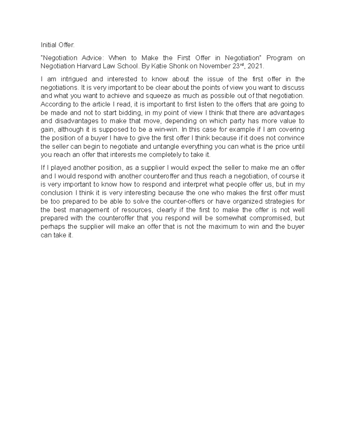 Articulo chapter 1 - Initial Offer. “Negotiation Advice: When to Make ...
