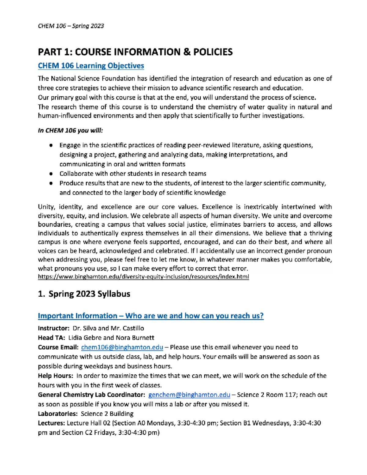 Chem 106 Syllabus Spring 2023 Spring 2023 General Chemistry Lab (LEC