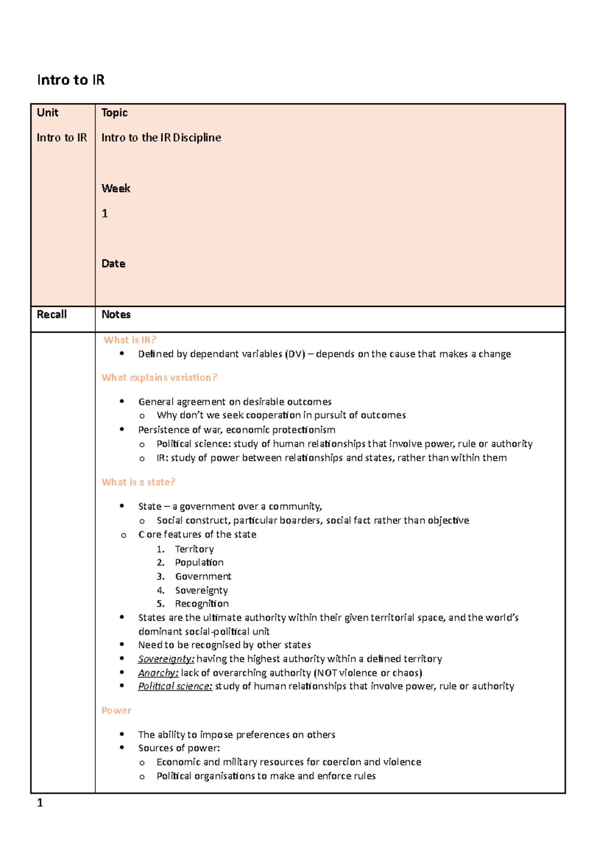 POLS1005 notes - Intro to IR Unit Intro to IR Topic Intro to the IR ...