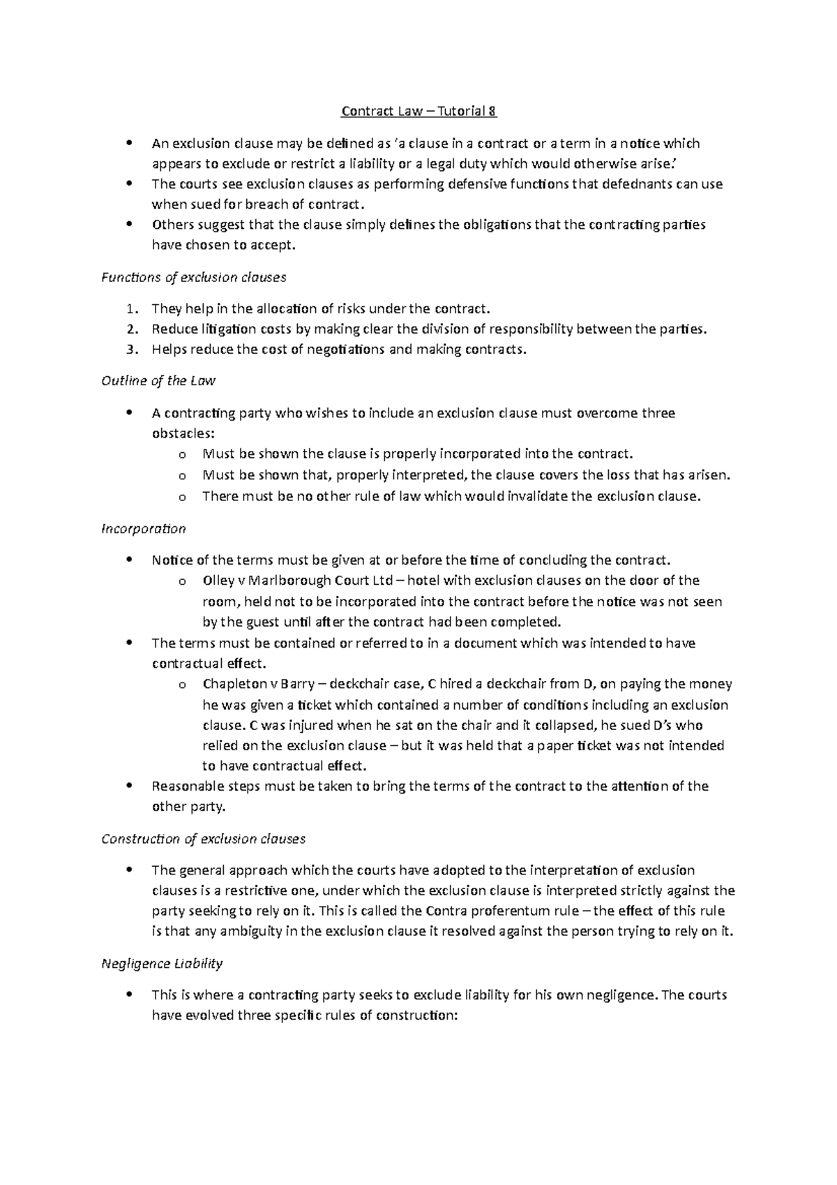 Contract Law 1: Tutorial Eight - Contract Law – Tutorial 8 An Exclusion ...