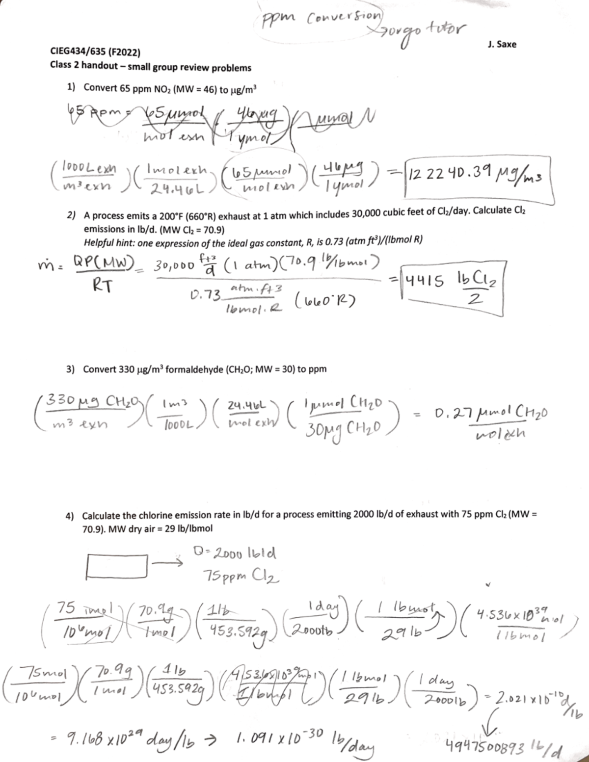 Reveiw problems - Professor Jennie Saxe unit conversion, mass balance ...