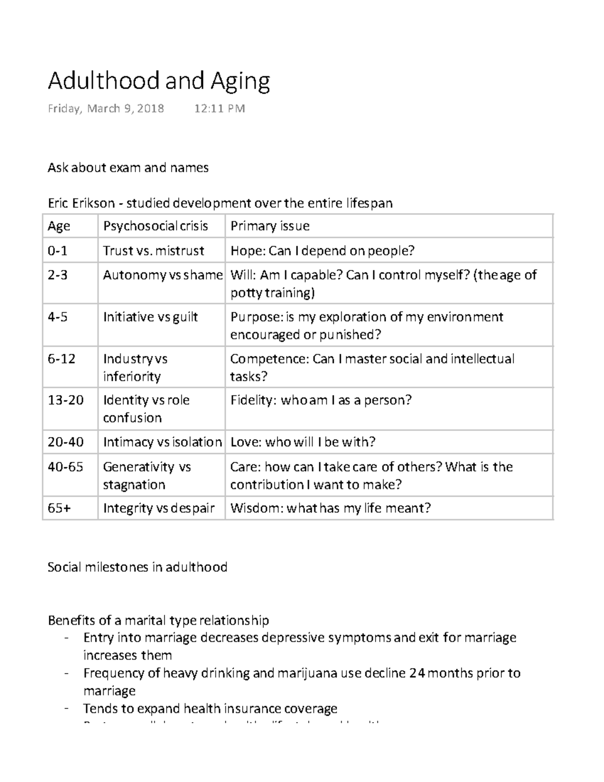 Adulthood And Aging - Lecture Notes 1 - Adulthood And Aging Friday ...