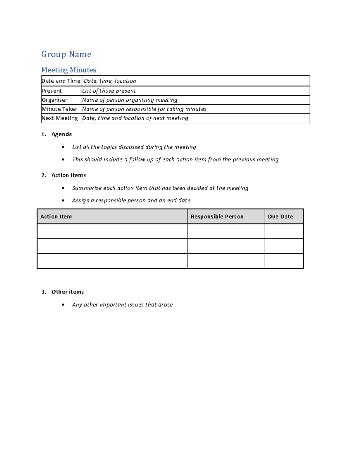 Template - Meeting Minutes - Group Name Meeting Minutes Date and Time ...