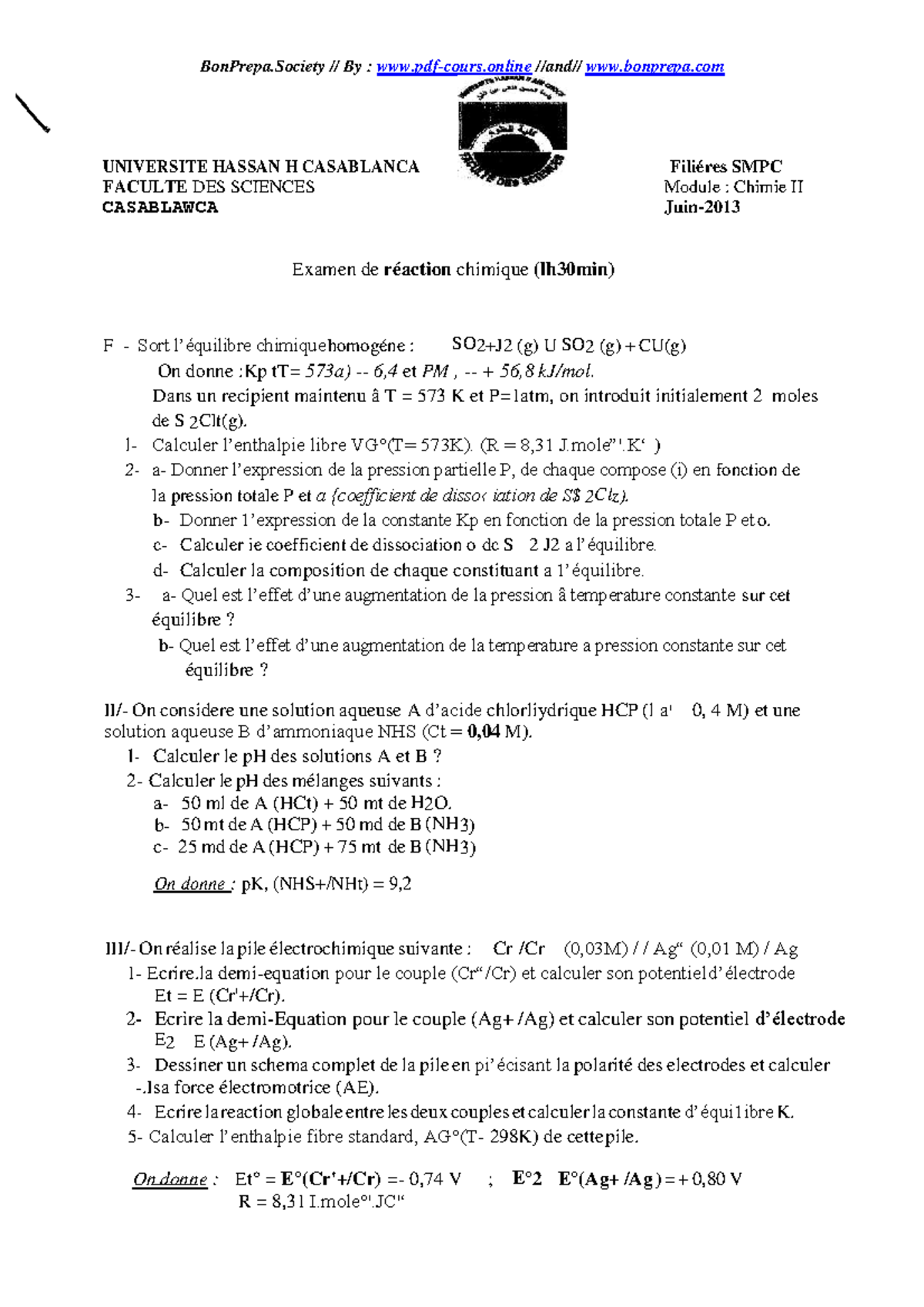 17 Examen Chimie En Solution S2 SMPC 2013 - UNIVERSITE HASSAN H ...