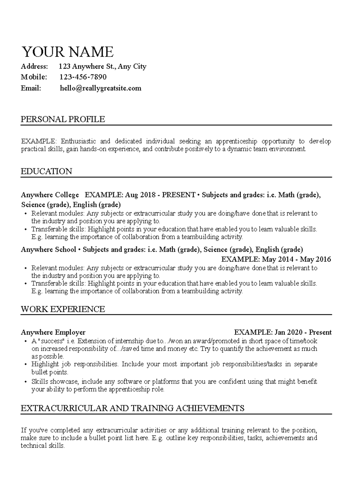 Apprentice-CV- Example - YOUR NAME Address: 123 Anywhere St., Any City ...