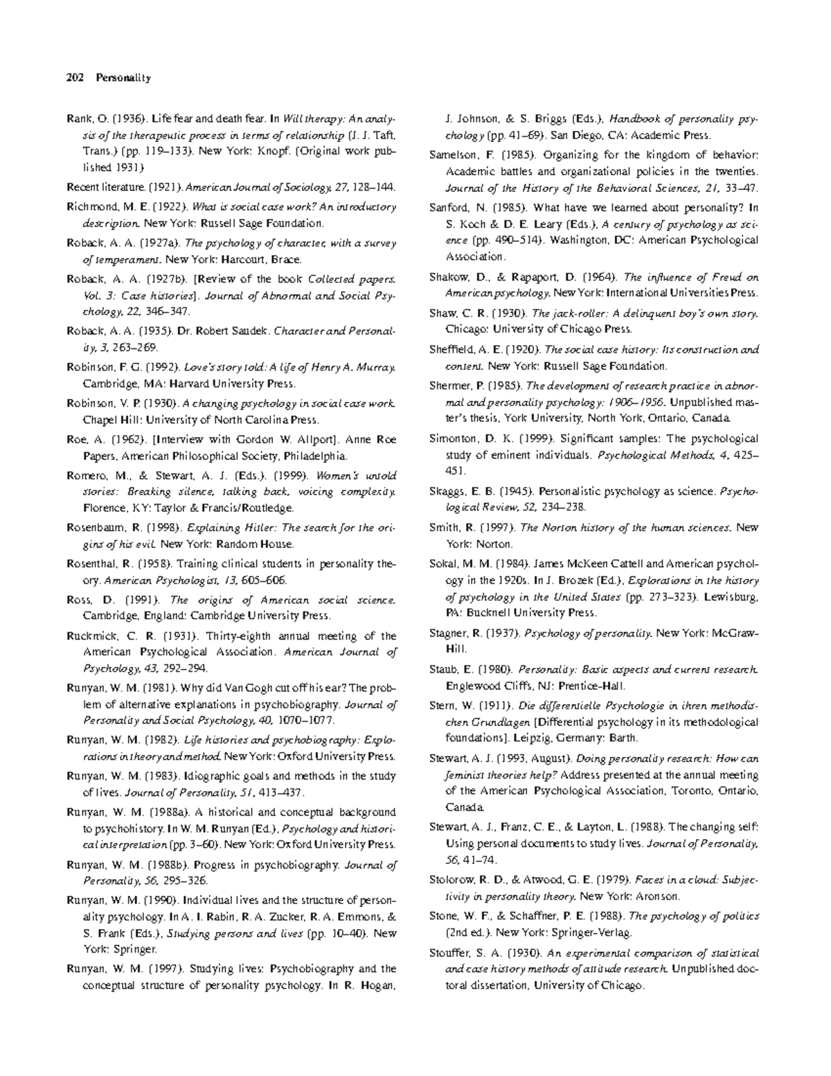 Handbook-of-psychology - 202 Personality Rank, O. (1936). Life fear and ...