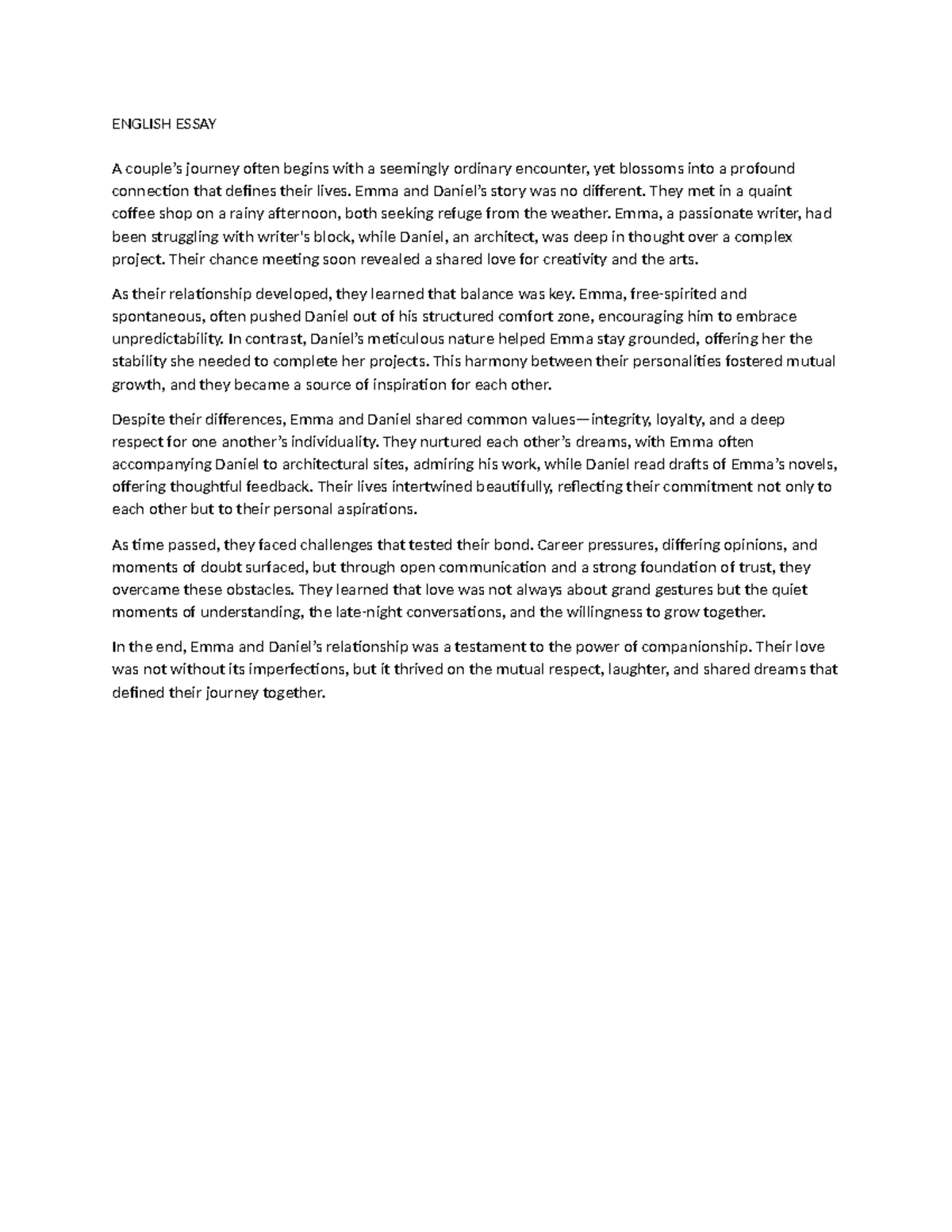 English Essay - ENGLISH ESSAY A couple’s journey often begins with a ...