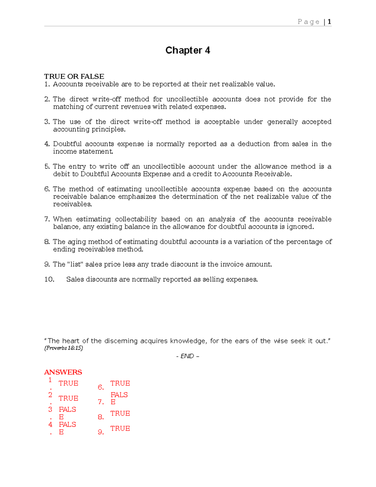 Chapter 4 Accounts Receivable - Chapter 4 TRUE OR FALSE Accounts ...