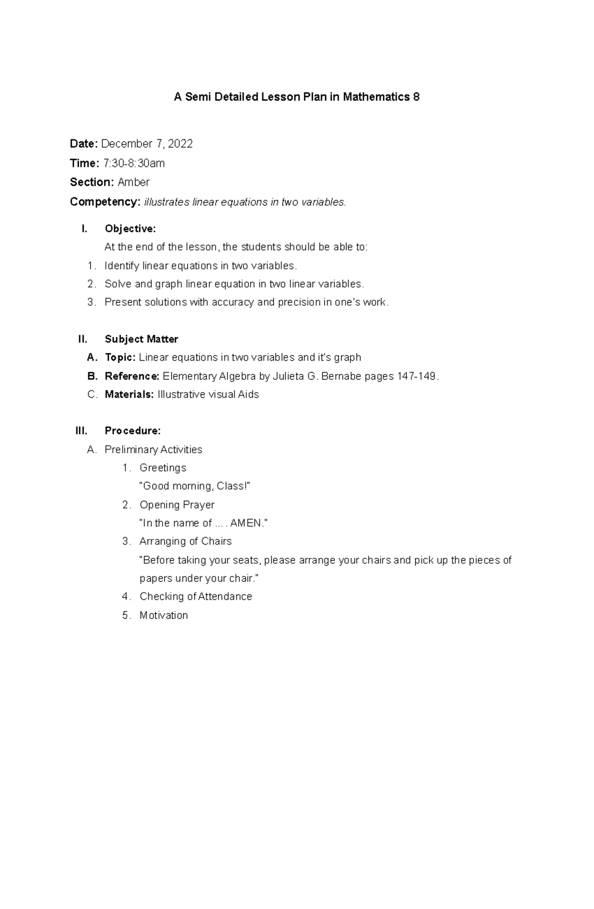 Math 8 SDLP Semi Detailed Lesson Plan A Semi Detailed Lesson Plan 