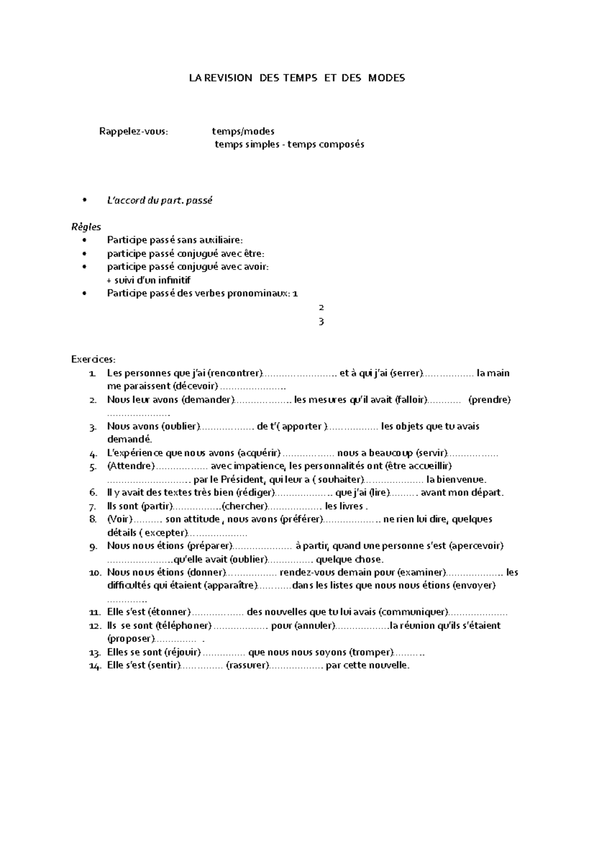 Oefeningen Frans 3 LA REVISION DES TEMPS ET DES MODES Rappelez Vous Temps Modes Temps Simples