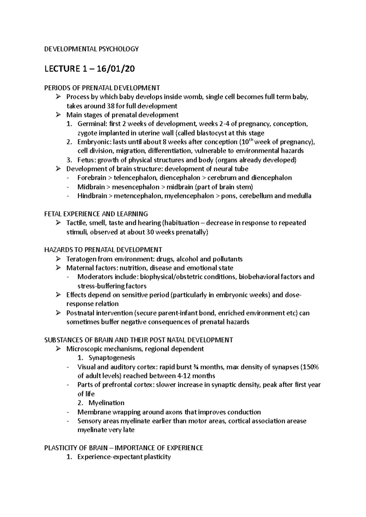 Developmental Psychology - DEVELOPMENTAL PSYCHOLOGY LECTURE 1 – 16/01 ...