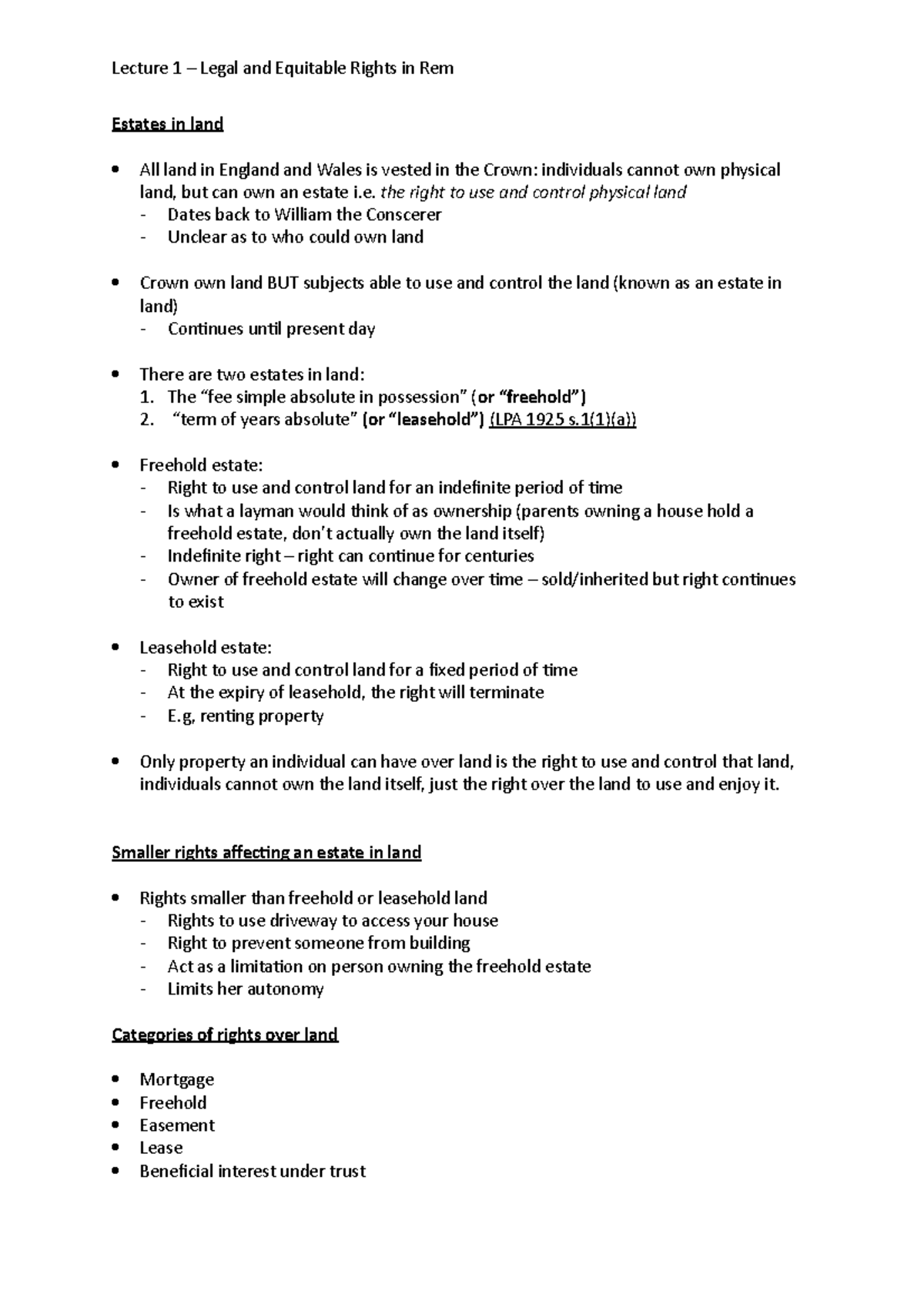 Lecture 1 Legal And Equitable Rights In Rem Estates In Land All