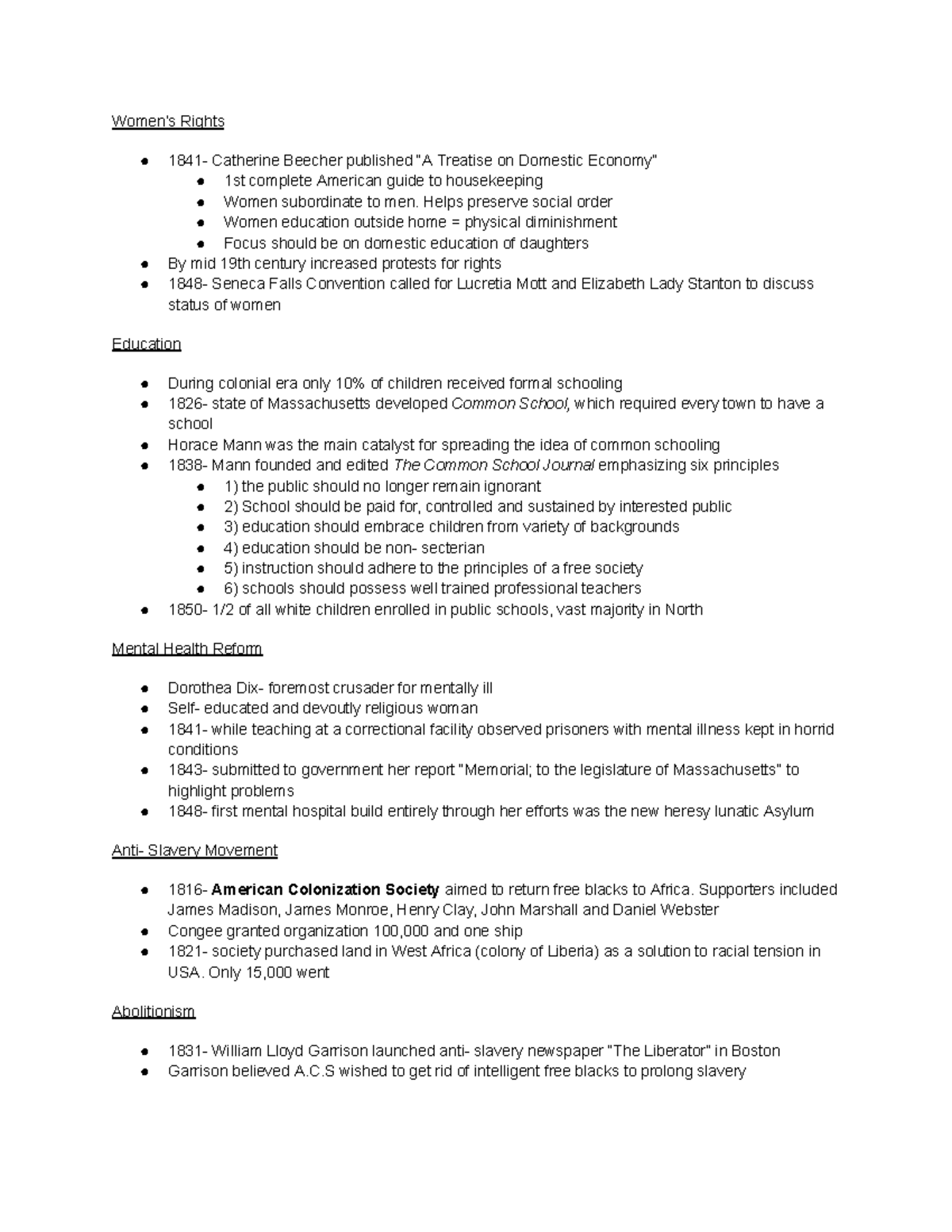 History notes 5 - exam 3 material - Women’s Rights 1841- Catherine ...