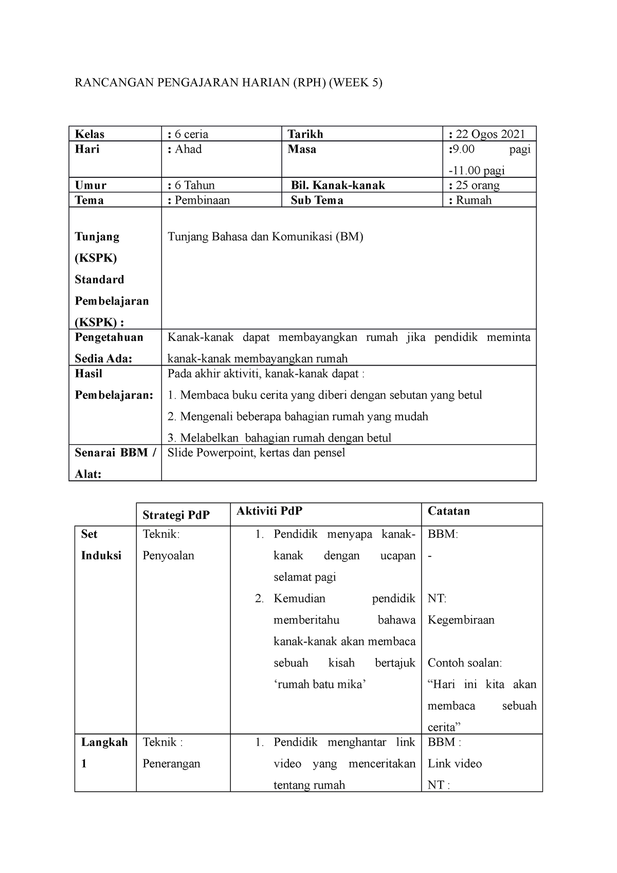 Template Rancangan Pengajaran Harian - RANCANGAN PENGAJARAN HARIAN (RPH ...