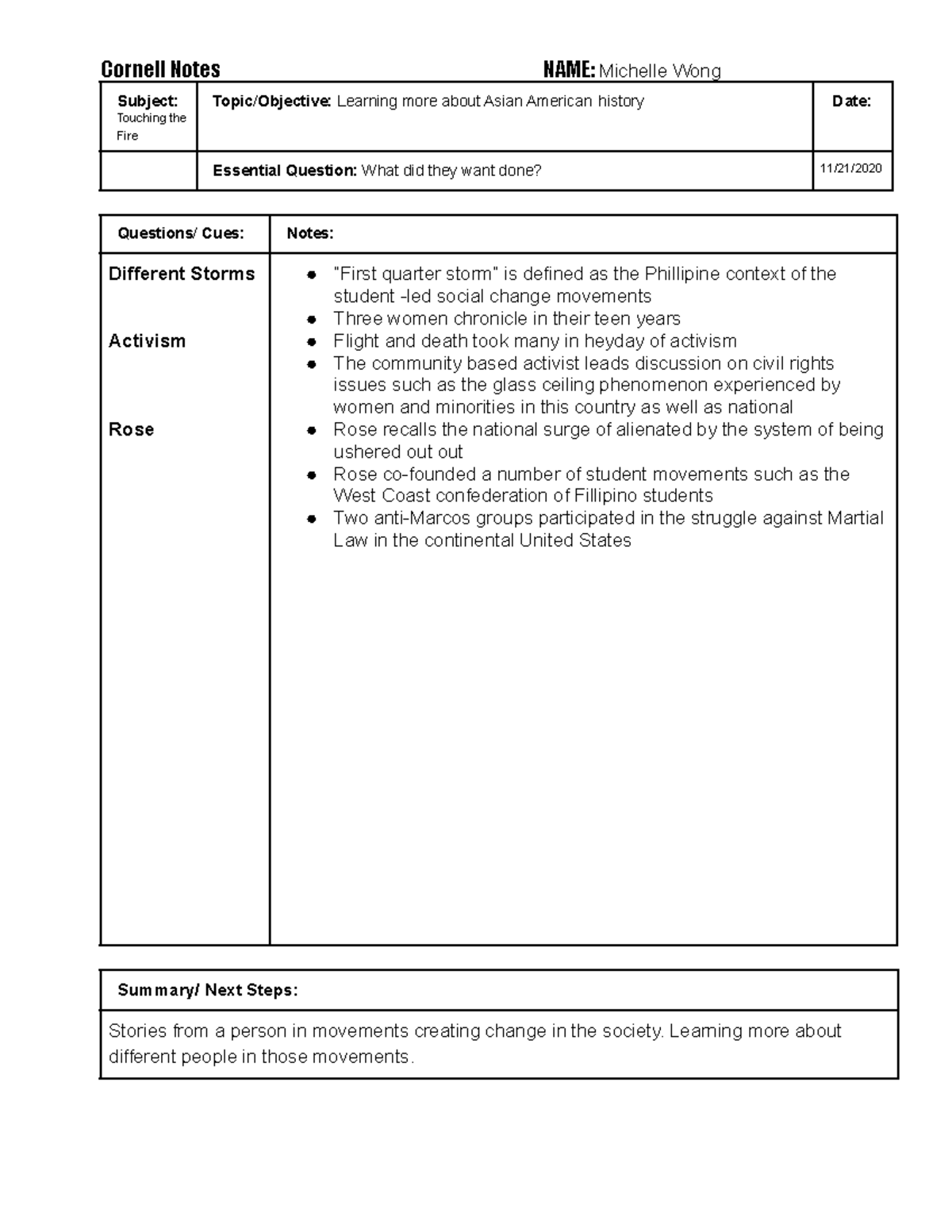 Touching the Fire - Danae Martinez - Cornell Notes NAME:Michelle Wong ...