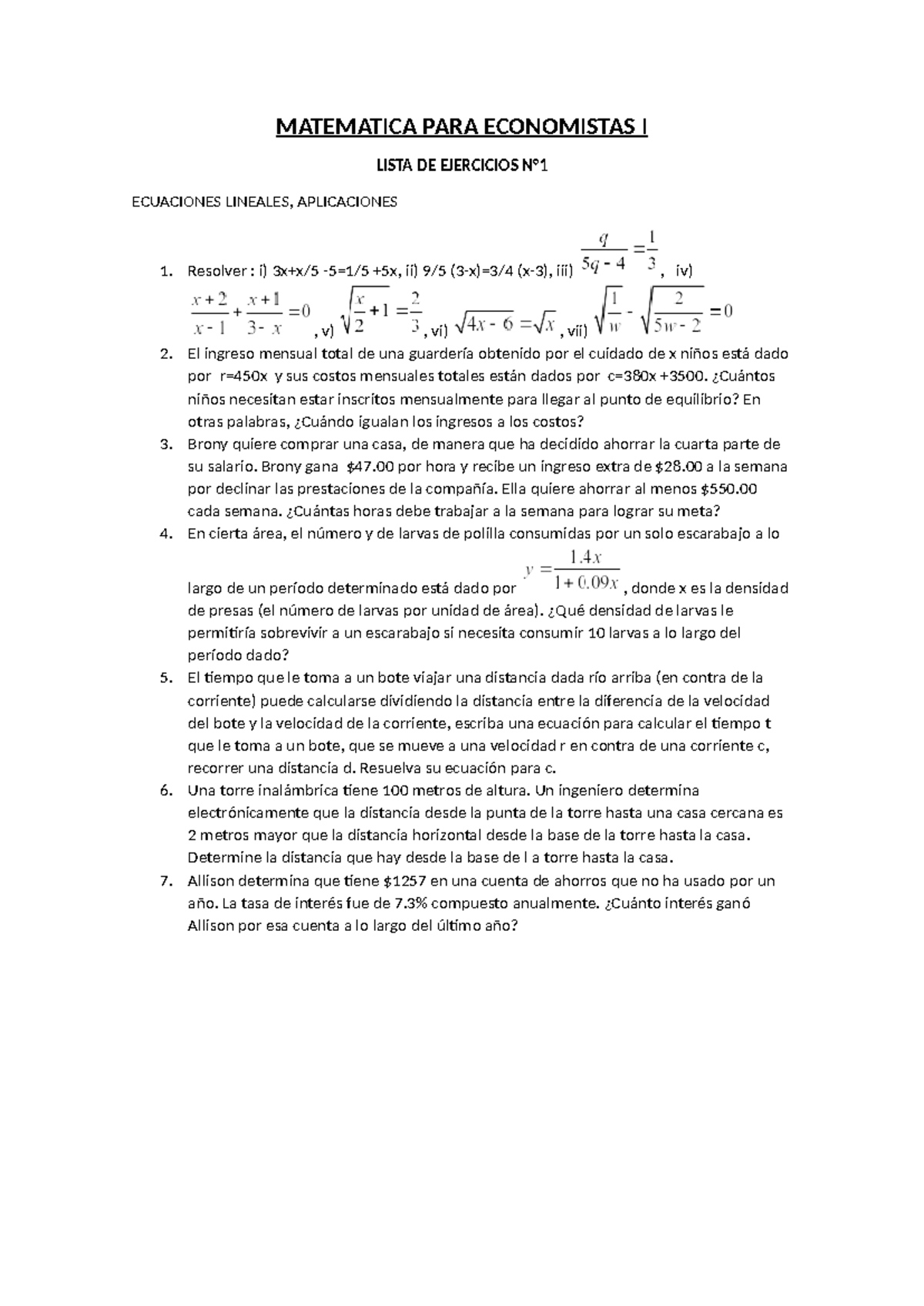 Matematica PARA Economistas I ejercicios 1 - MATEMATICA PARA ...