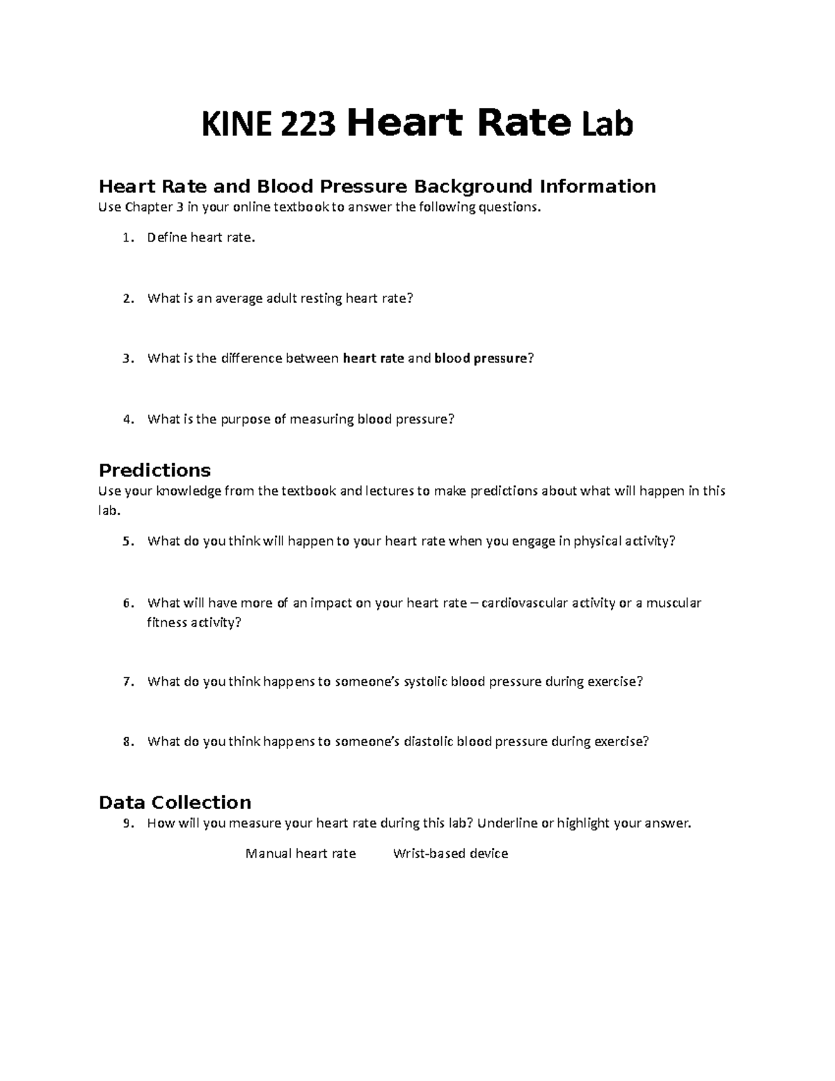 Heartrate Lab 22 Yuhh KINE 223 Heart Rate Lab Heart Rate and Blood