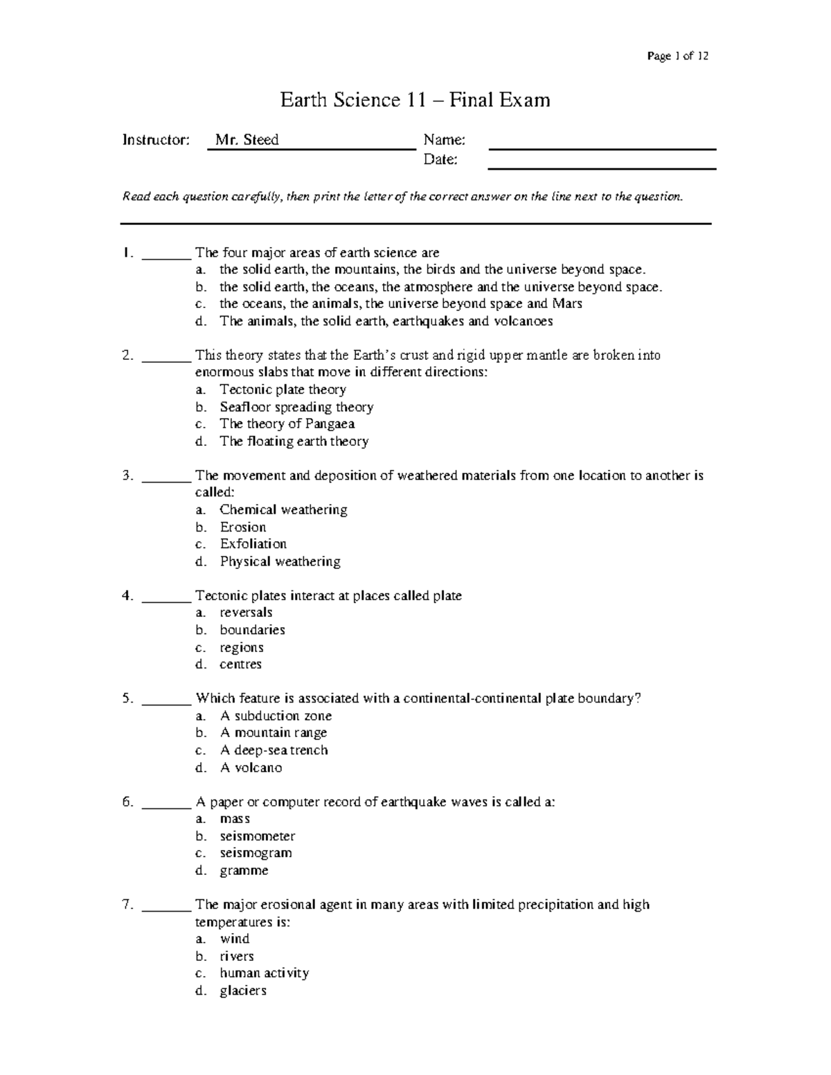 Earth-science-11-final-exam compress - Earth Science 11 – Final Exam ...