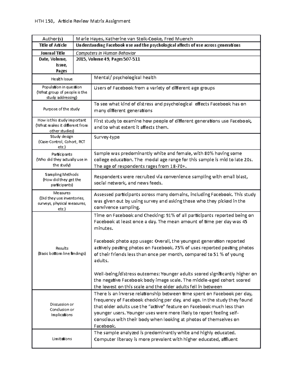 Facebook Matrix Assisgnment for studying documents - HTH 150, Article ...