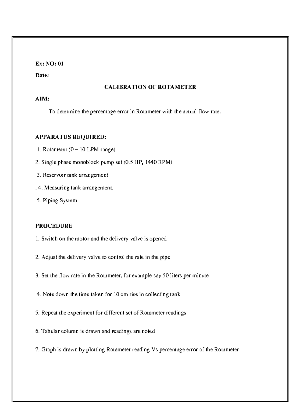 Hydraulics lab manual Ex NO 01 Date CALIBRATION OF ROTAMETER AIM