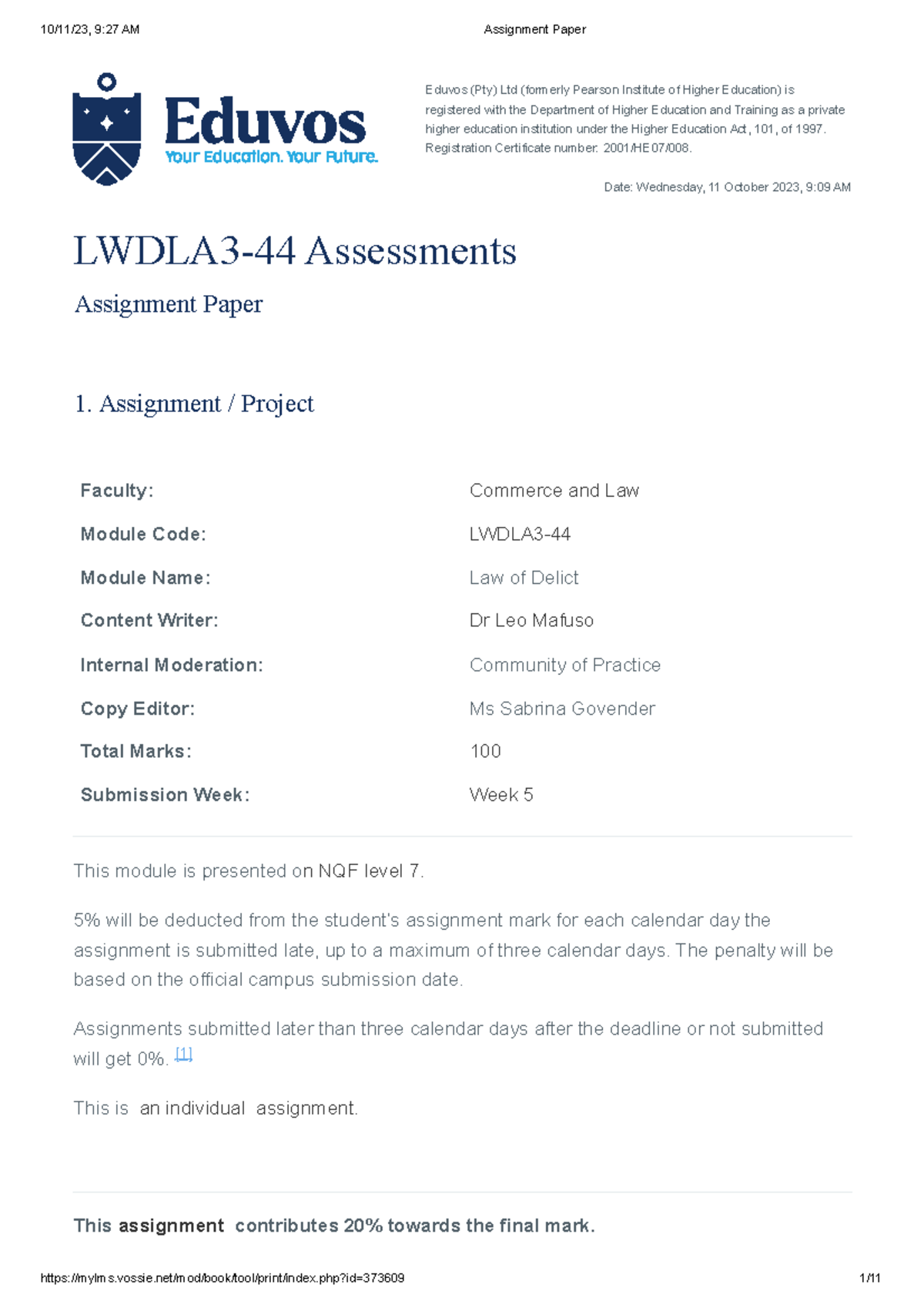 Law of Delict Assignment - Eduvos (Pty) Ltd (formerly Pearson Institute ...