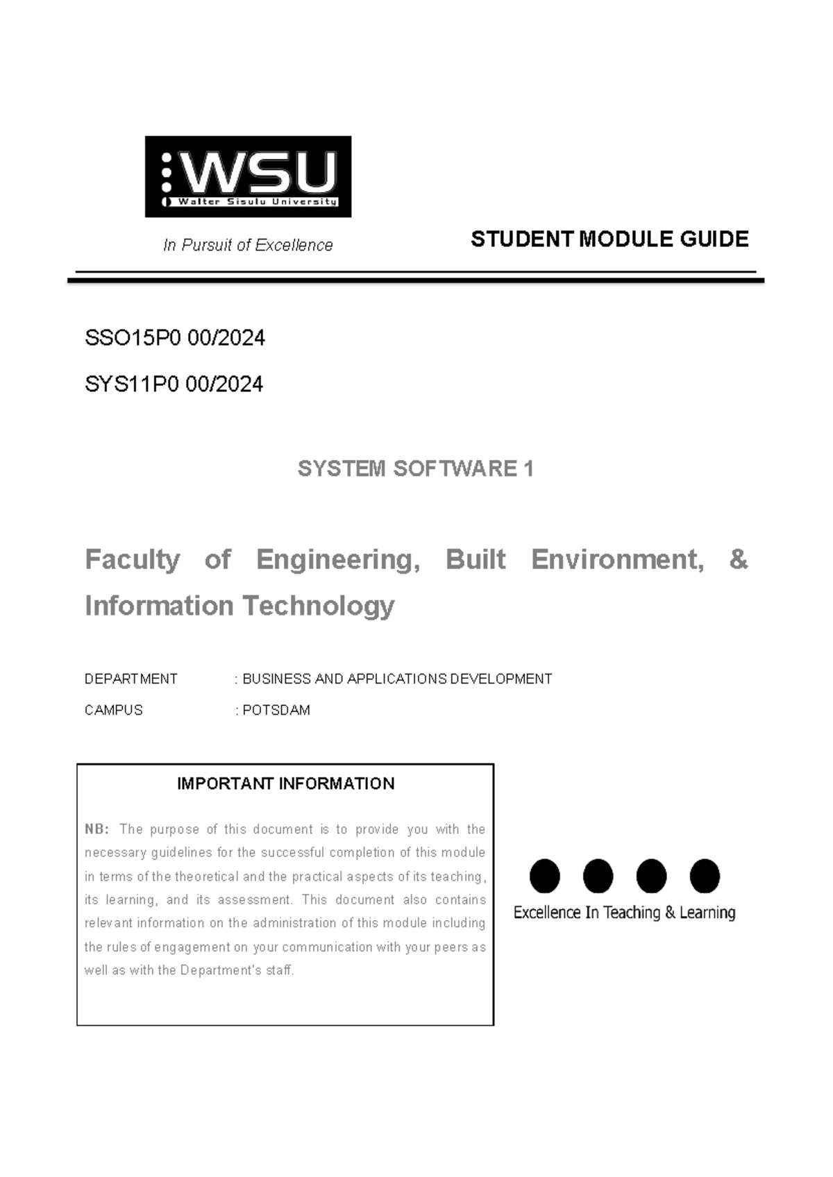 System Software 1 SMG - Student module guide - In Pursuit of Excellence ...