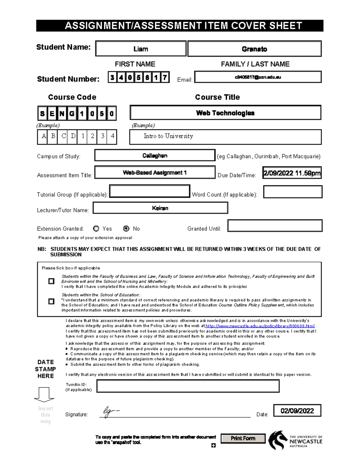 cccu assignment cover sheet