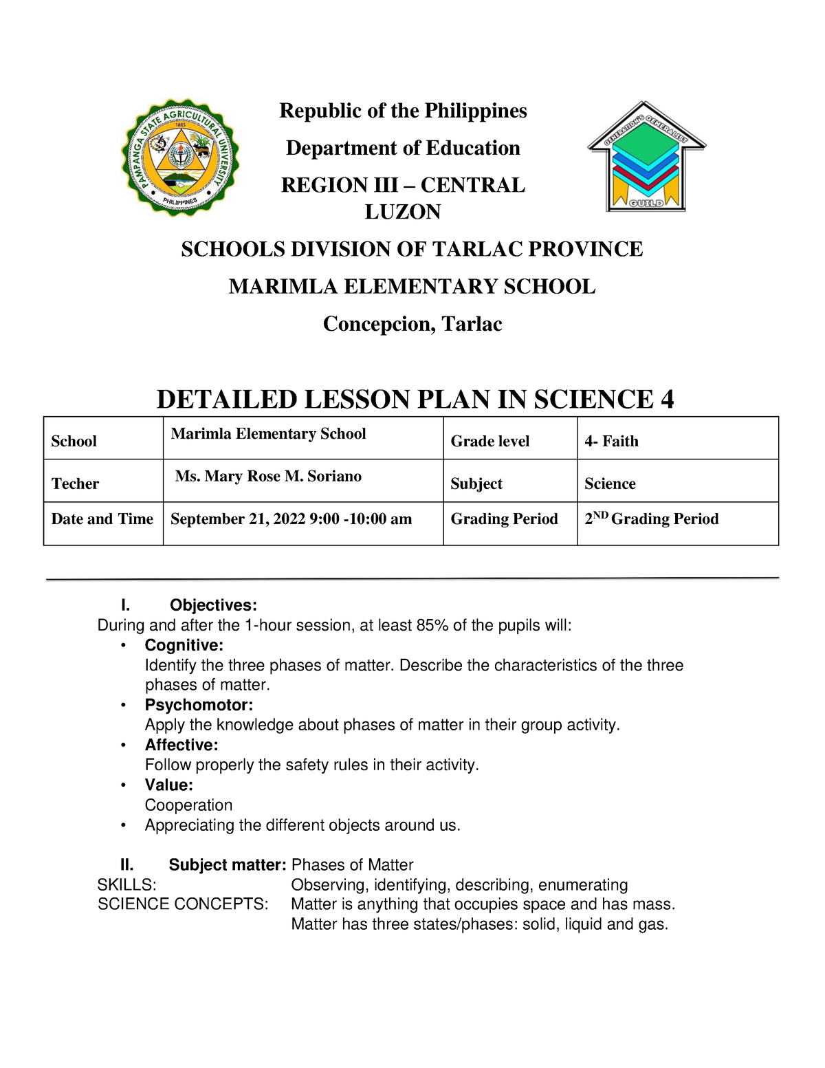 Soriano, Mary Rose M DLP In Sci1 - Republic Of The Philippines ...